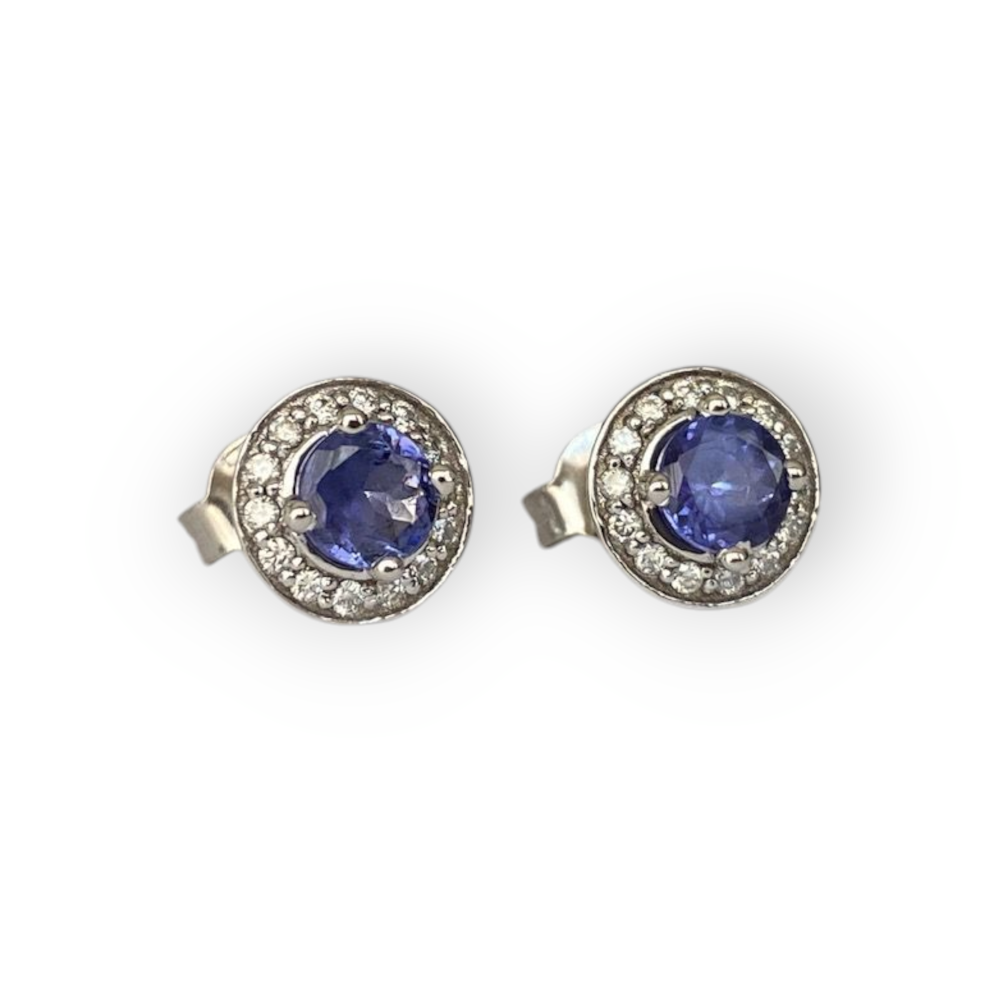 18 Carat White Gold Halo Earrings with Tanzanite & Diamonds