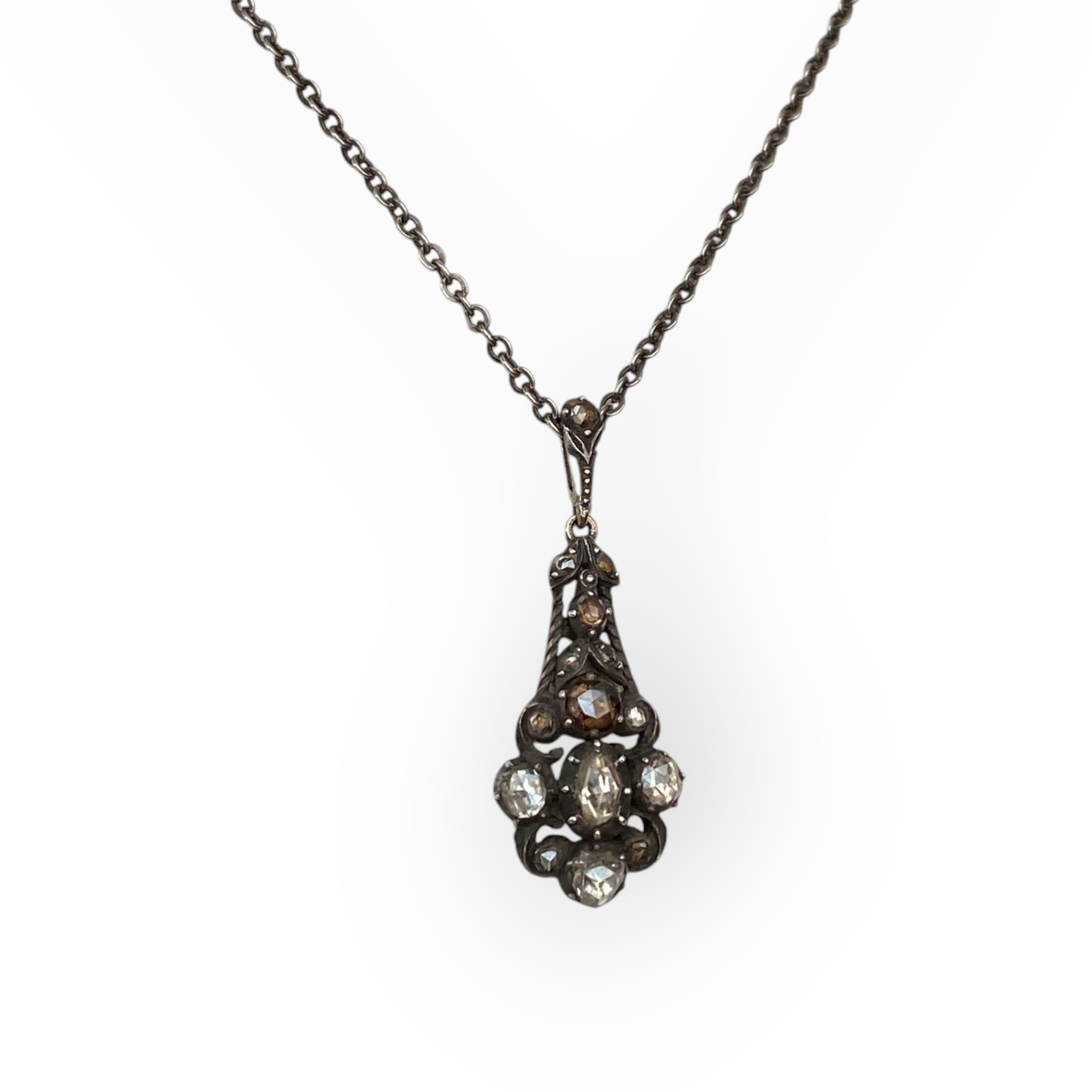 Victorian antique gold and silver drop pendant necklace with exquisite rose-cut diamonds.