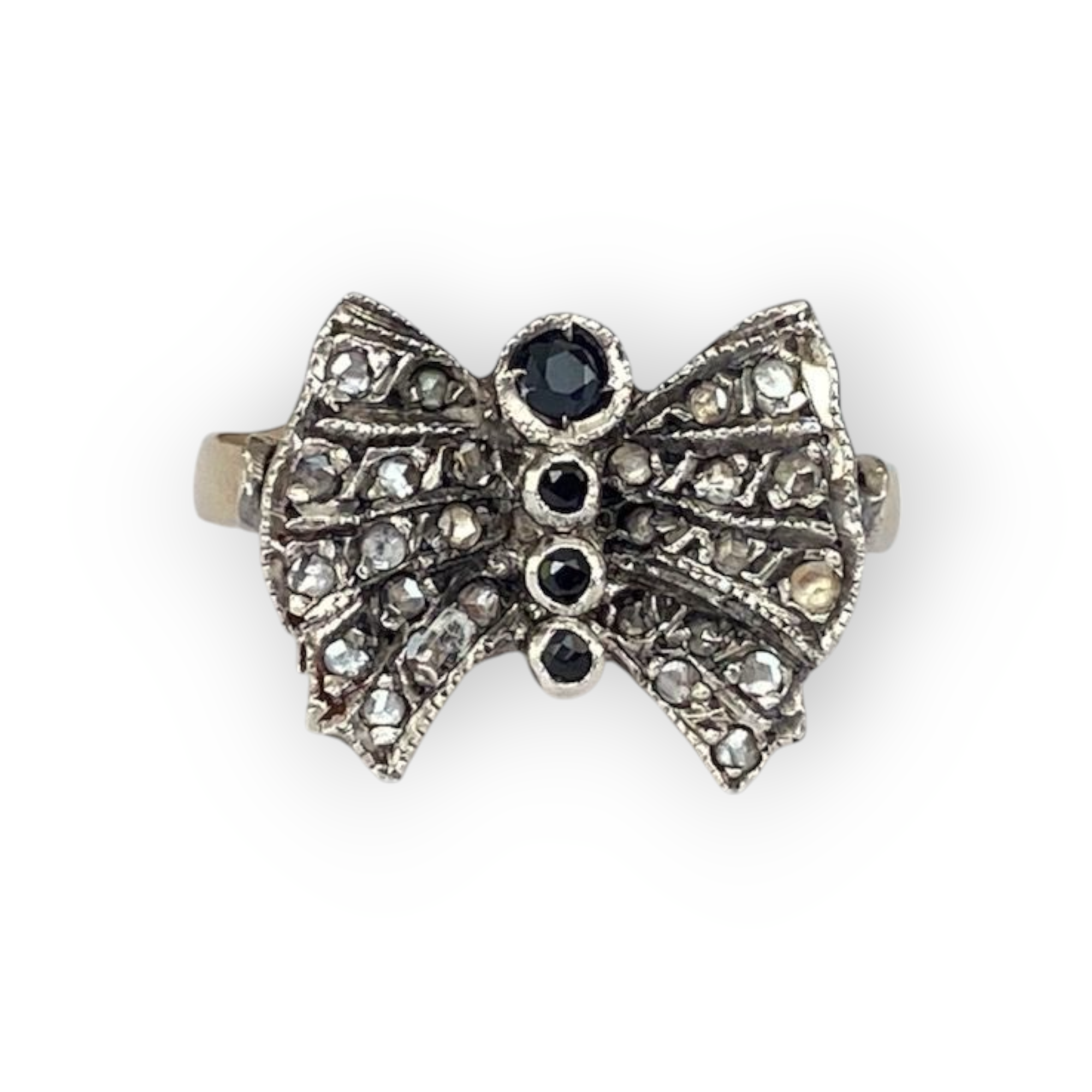 Vintage 14-Carat Yellow Gold & Silver Bow Ring with Rose-Cut Diamonds & Sapphires