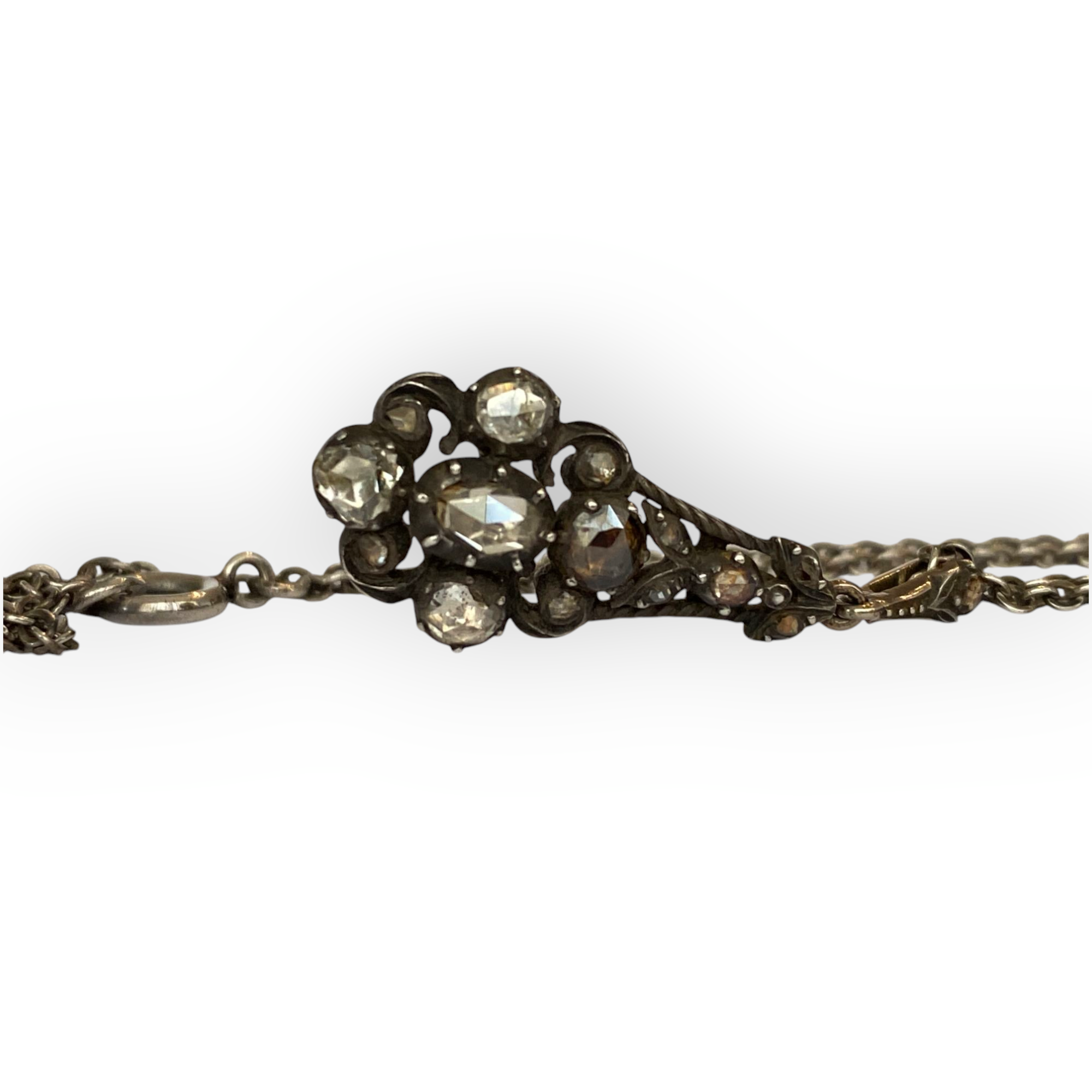 Victorian antique gold and silver drop pendant necklace with exquisite rose-cut diamonds.
