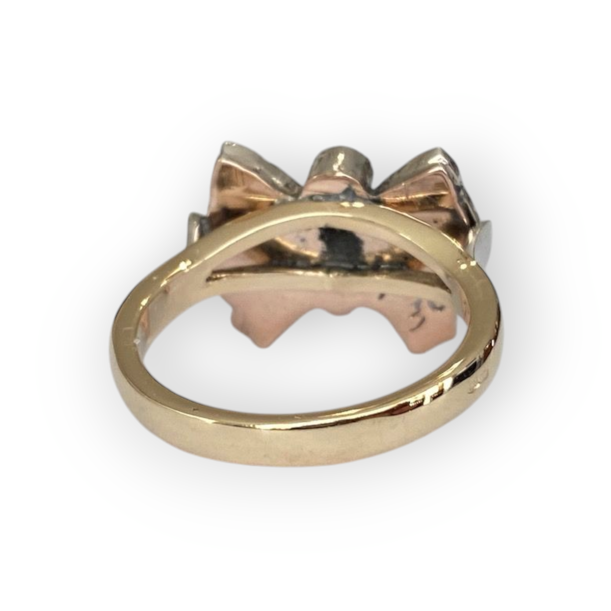 Vintage 14-Carat Yellow Gold & Silver Bow Ring with Rose-Cut Diamonds & Sapphires