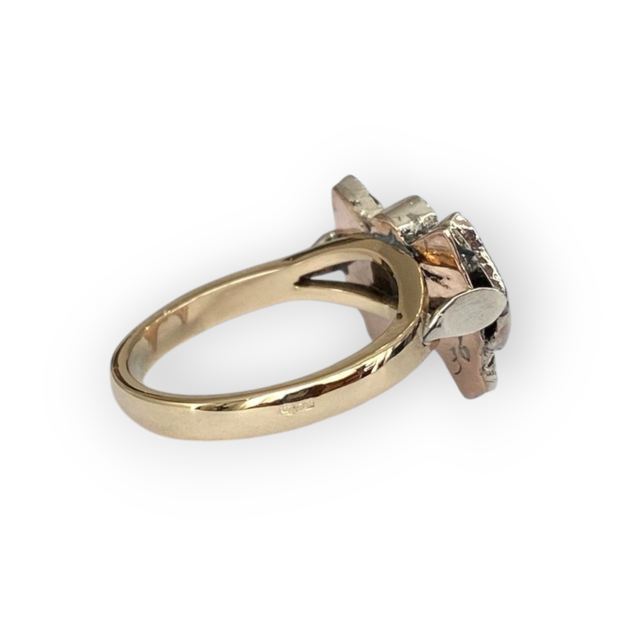 Vintage 14-Carat Yellow Gold & Silver Bow Ring with Rose-Cut Diamonds & Sapphires