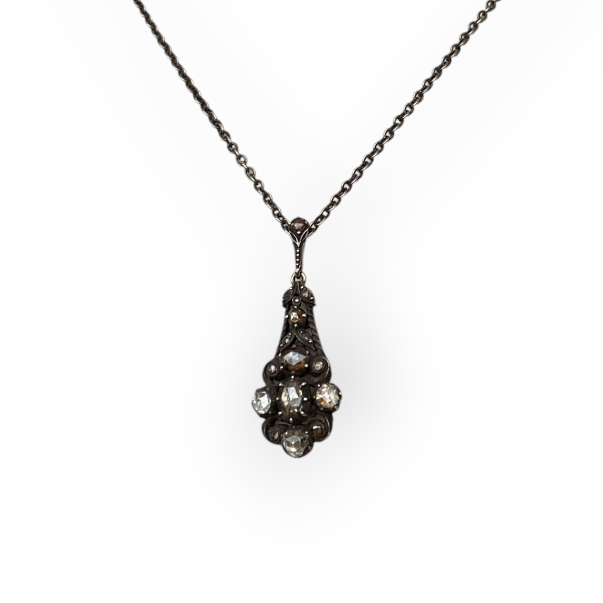 Victorian antique gold and silver drop pendant necklace with exquisite rose-cut diamonds.