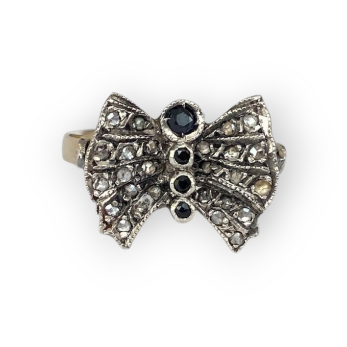 Vintage 14-Carat Yellow Gold & Silver Bow Ring with Rose-Cut Diamonds & Sapphires