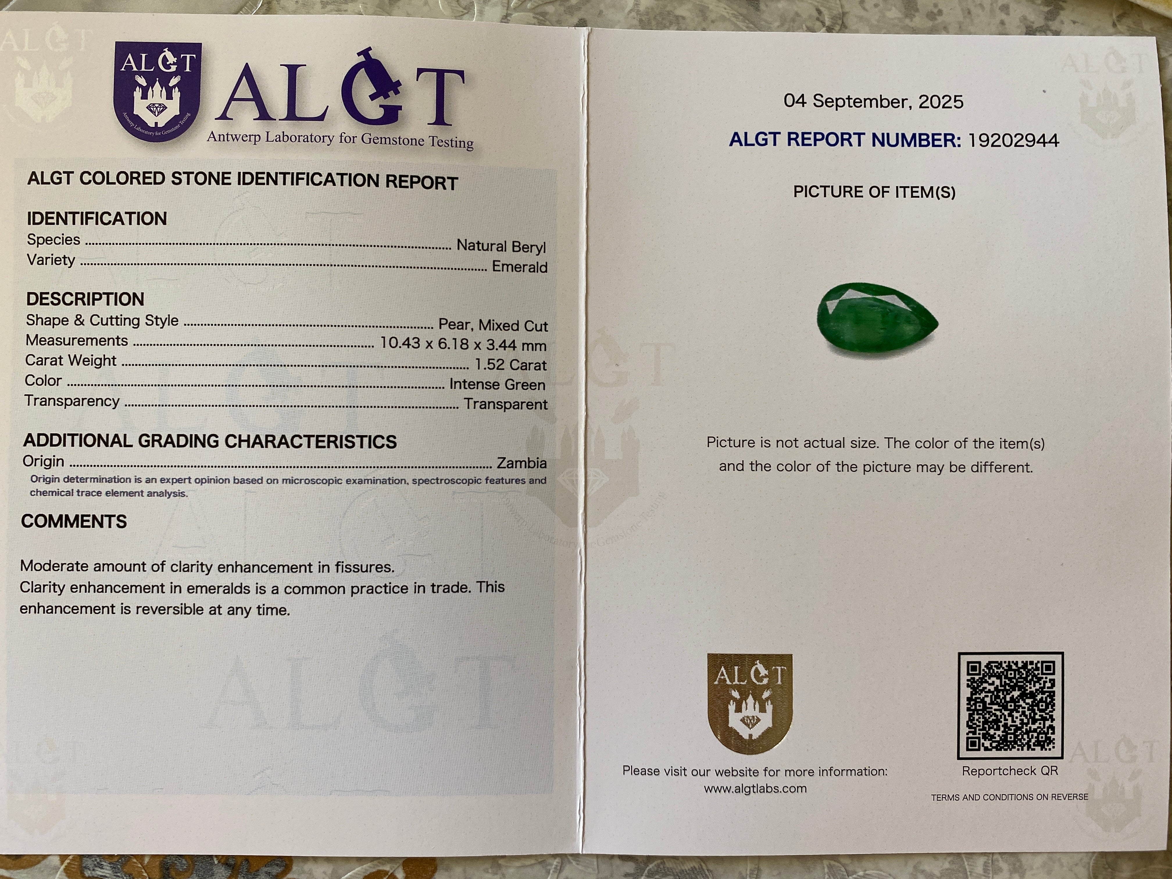 ALGT Certified 1.51 Carat Natural Zambia Emerald Stone Pear Mixed Cut