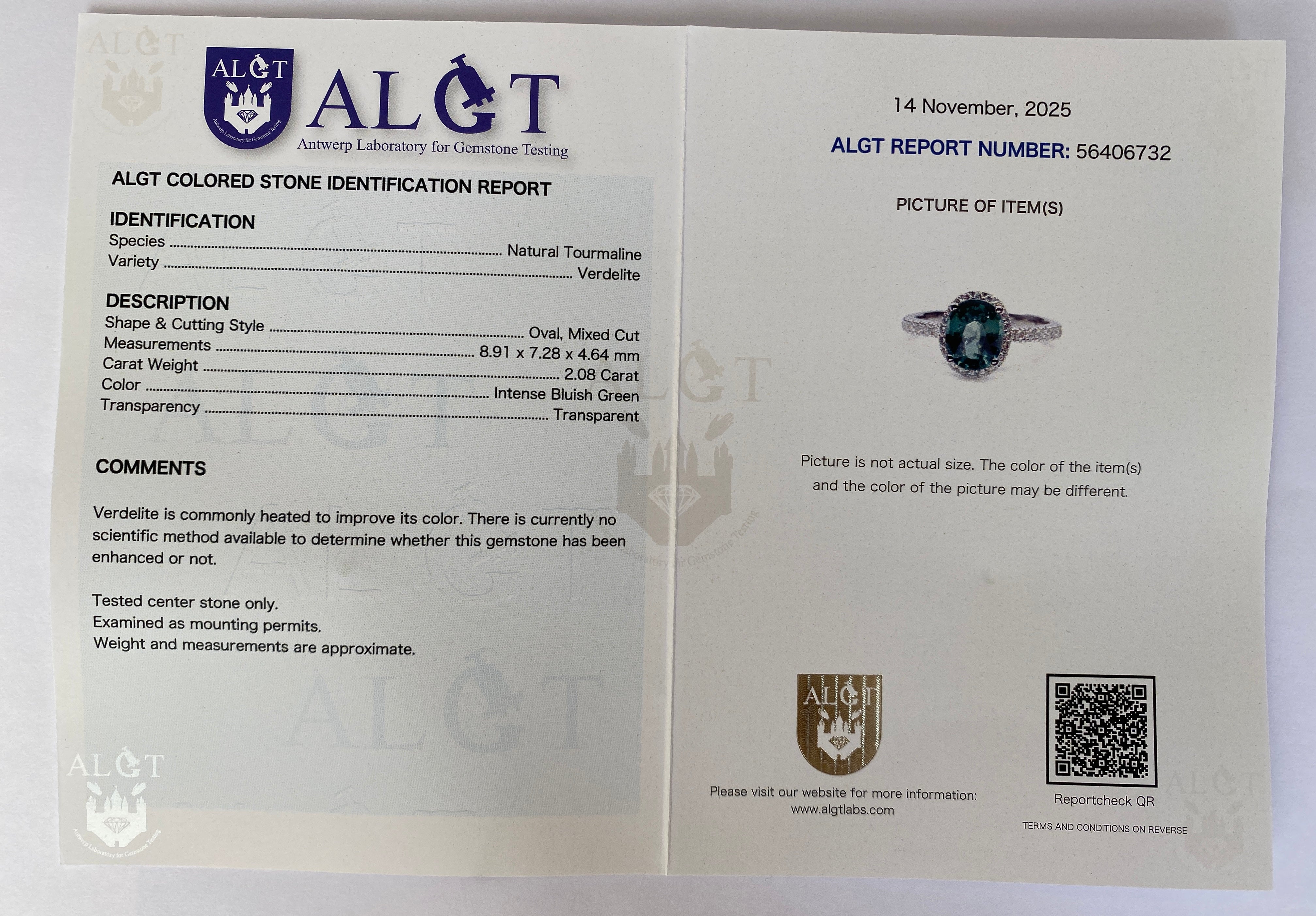 ALGT Certified 2.08 Carat Lagoon Tourmaline Diamond Cocktail Gold ring
