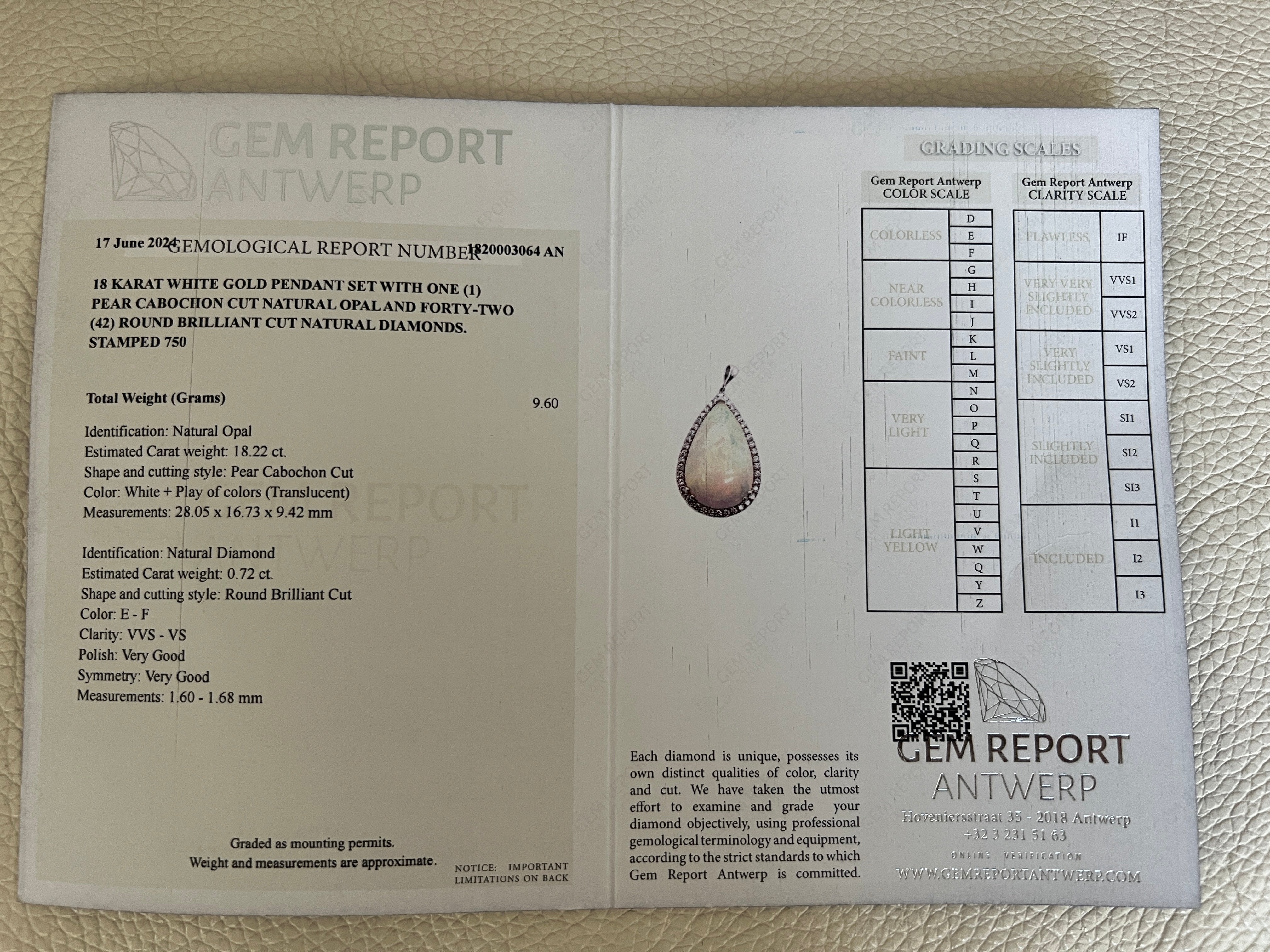 Exquisite 18.22ct White Opal & Diamond Pendant in 18K White Gold