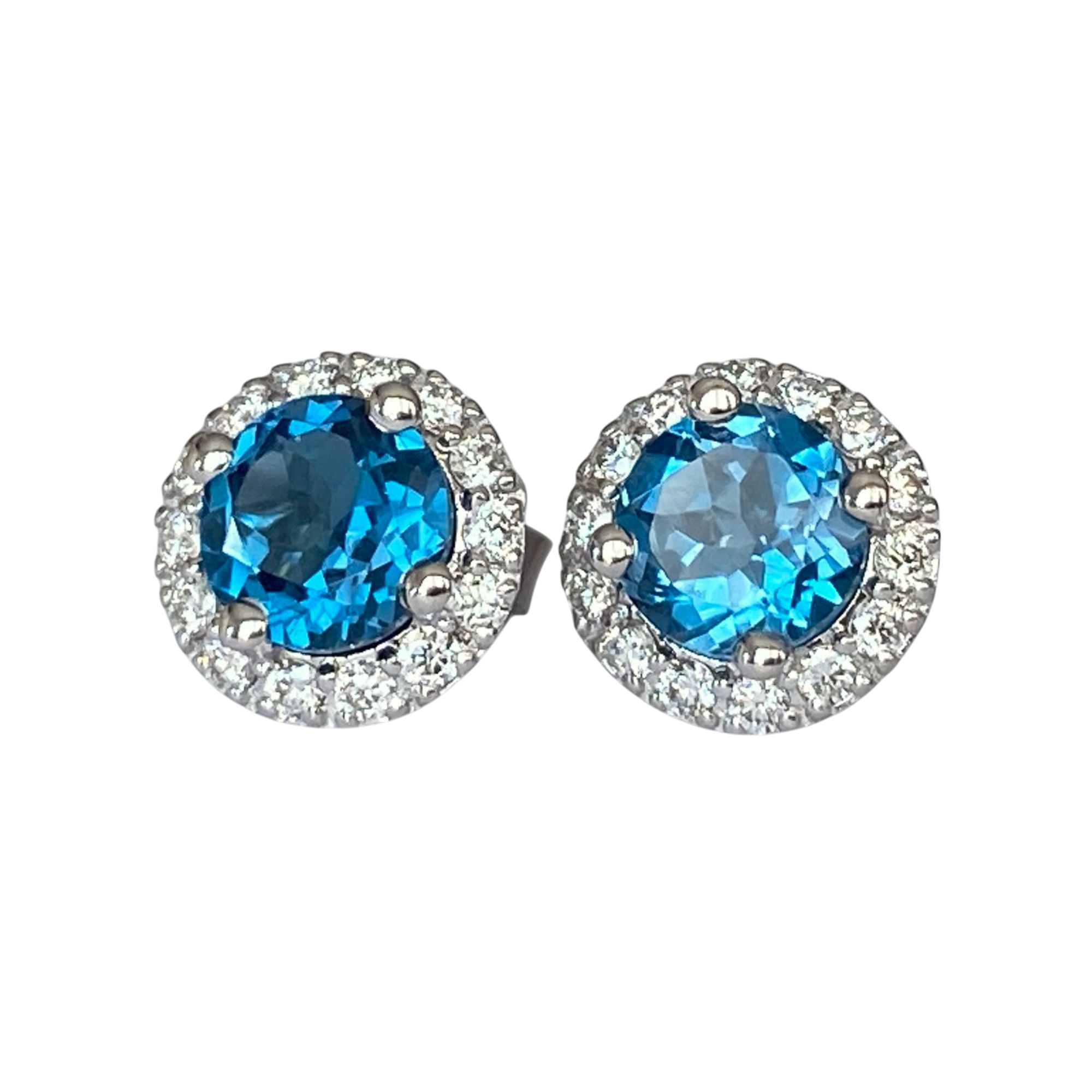 2.00 Ct London Blue Topaz & Diamond Halo Stud Earrings in White Gold