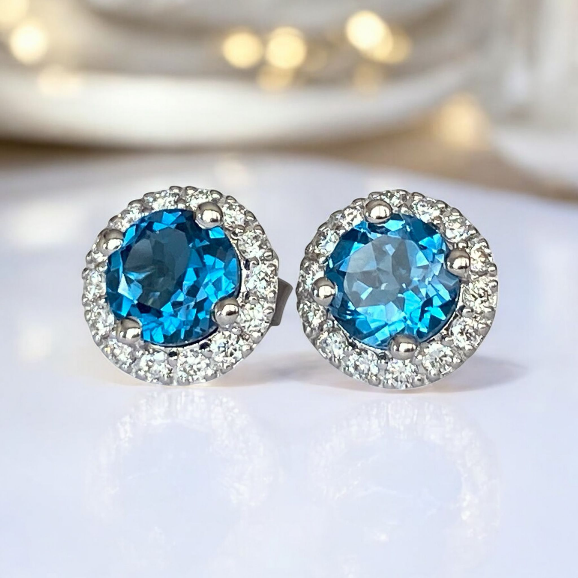 2.00 Ct London Blue Topaz & Diamond Halo Stud Earrings in White Gold