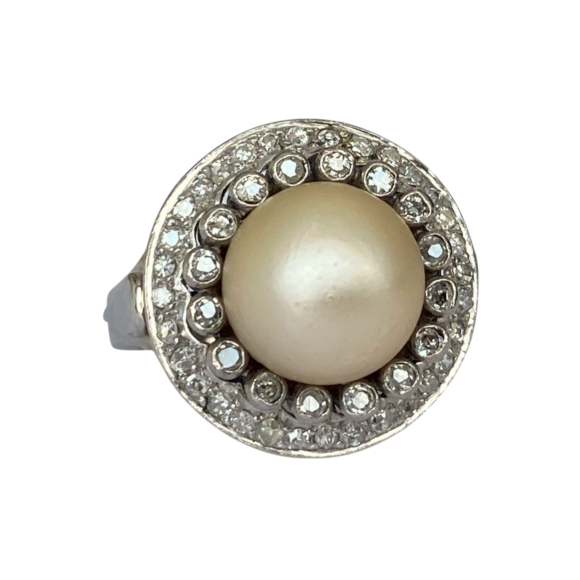 Original Late Art Deco Platinum Cocktail Ring with Diamonds & Pearl