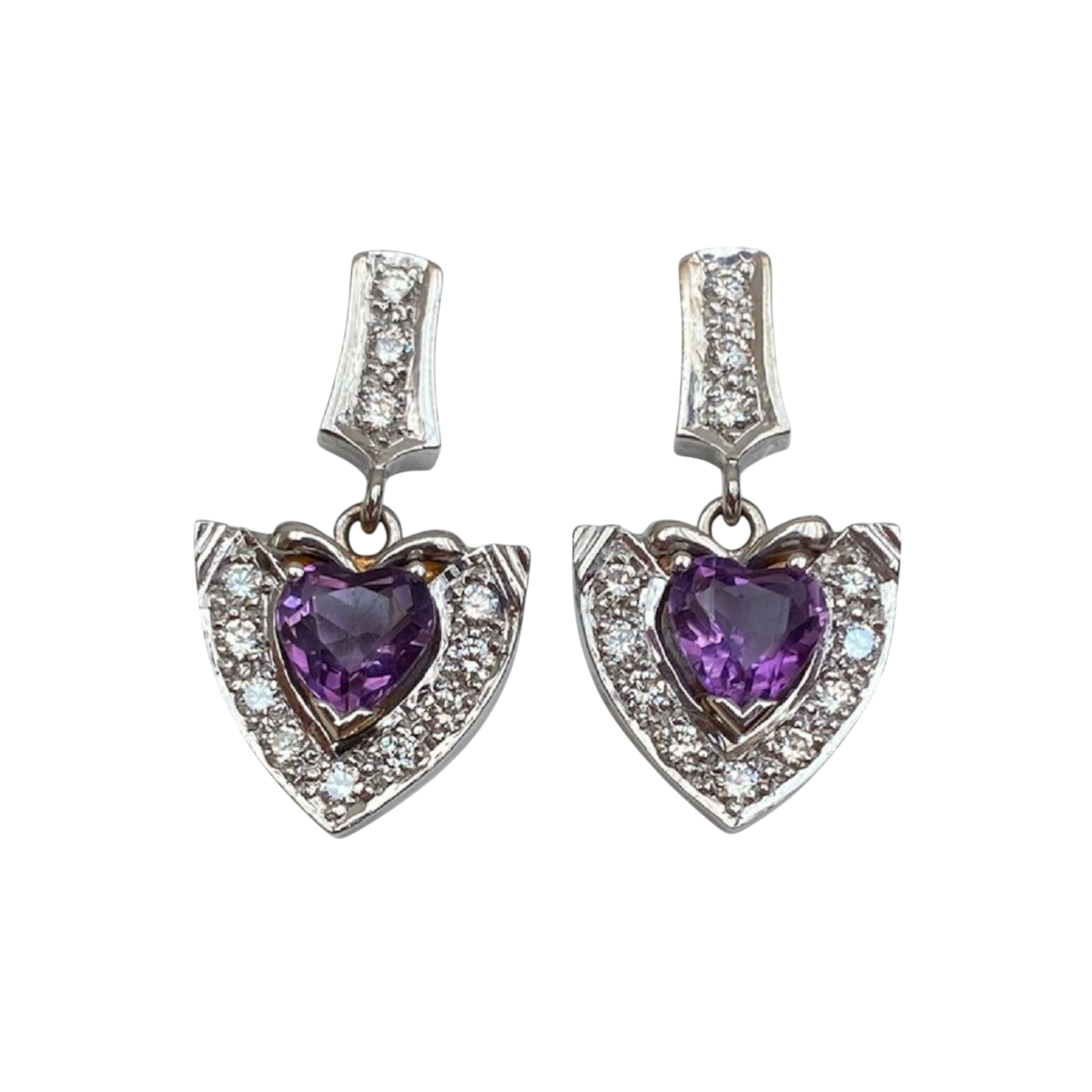 Vintage 18K White Gold Diamond Dangle Earrings with Amethyst