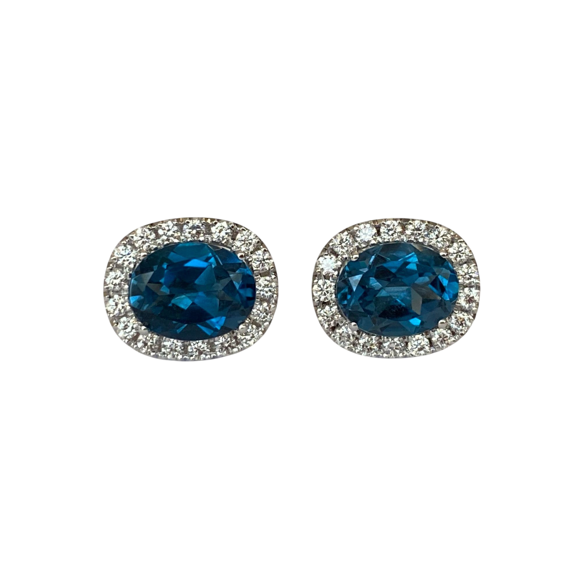18K White Gold Halo Stud Earrings with Diamonds & London Blue Topaz