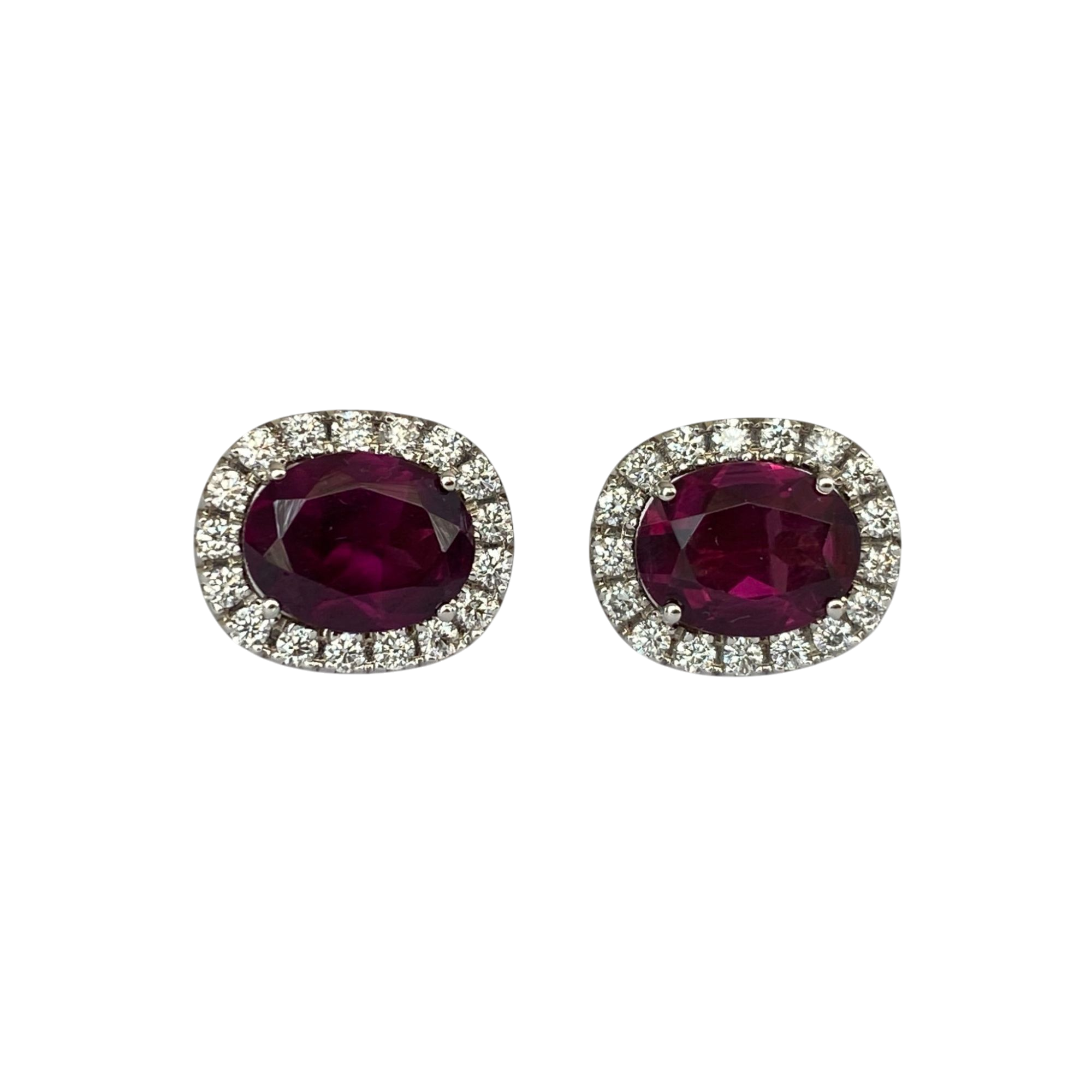 18K White Gold Halo Stud Earrings with Diamonds & Red Tourmaline
