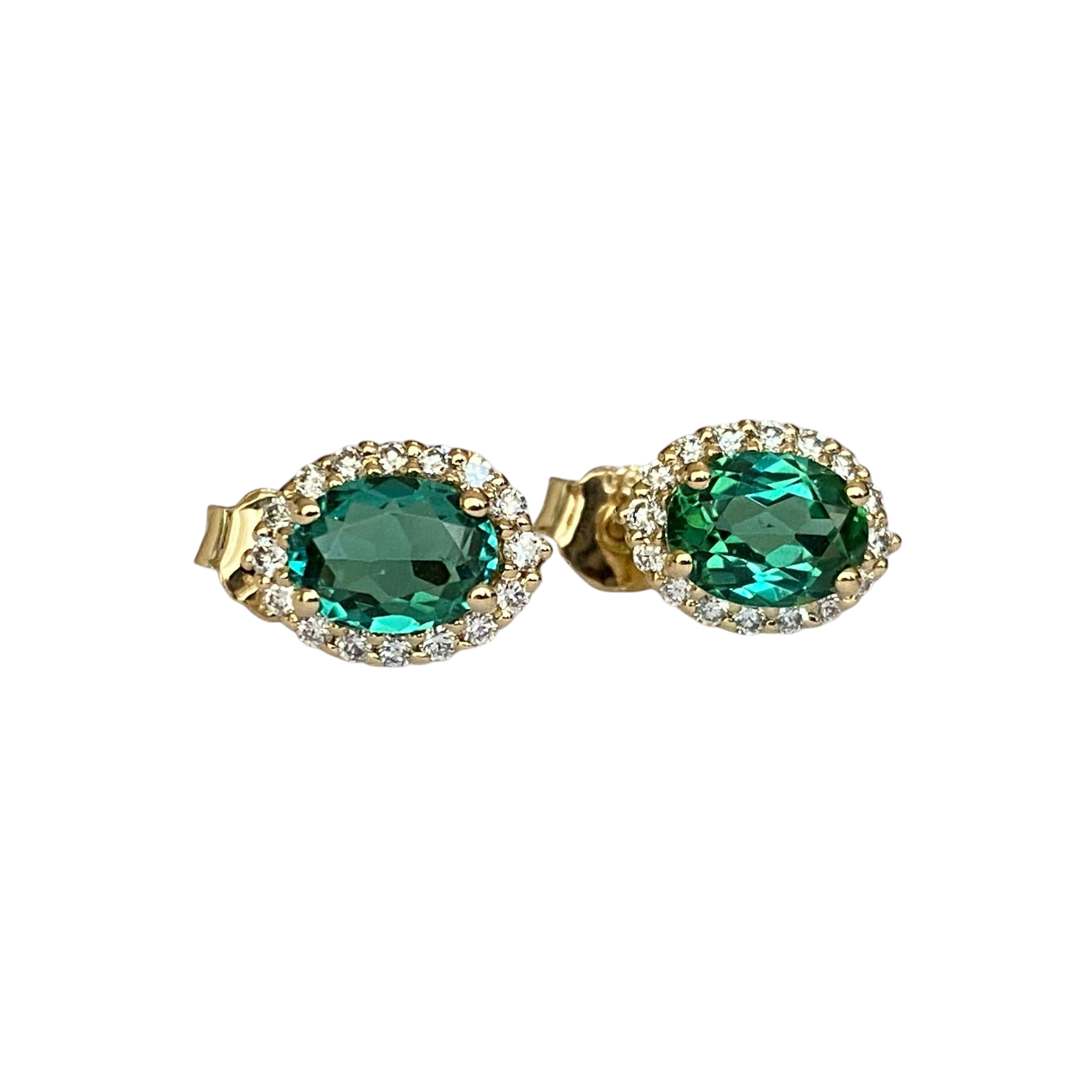 18K Yellow Gold Green Tourmaline & Diamond Halo Stud Earrings