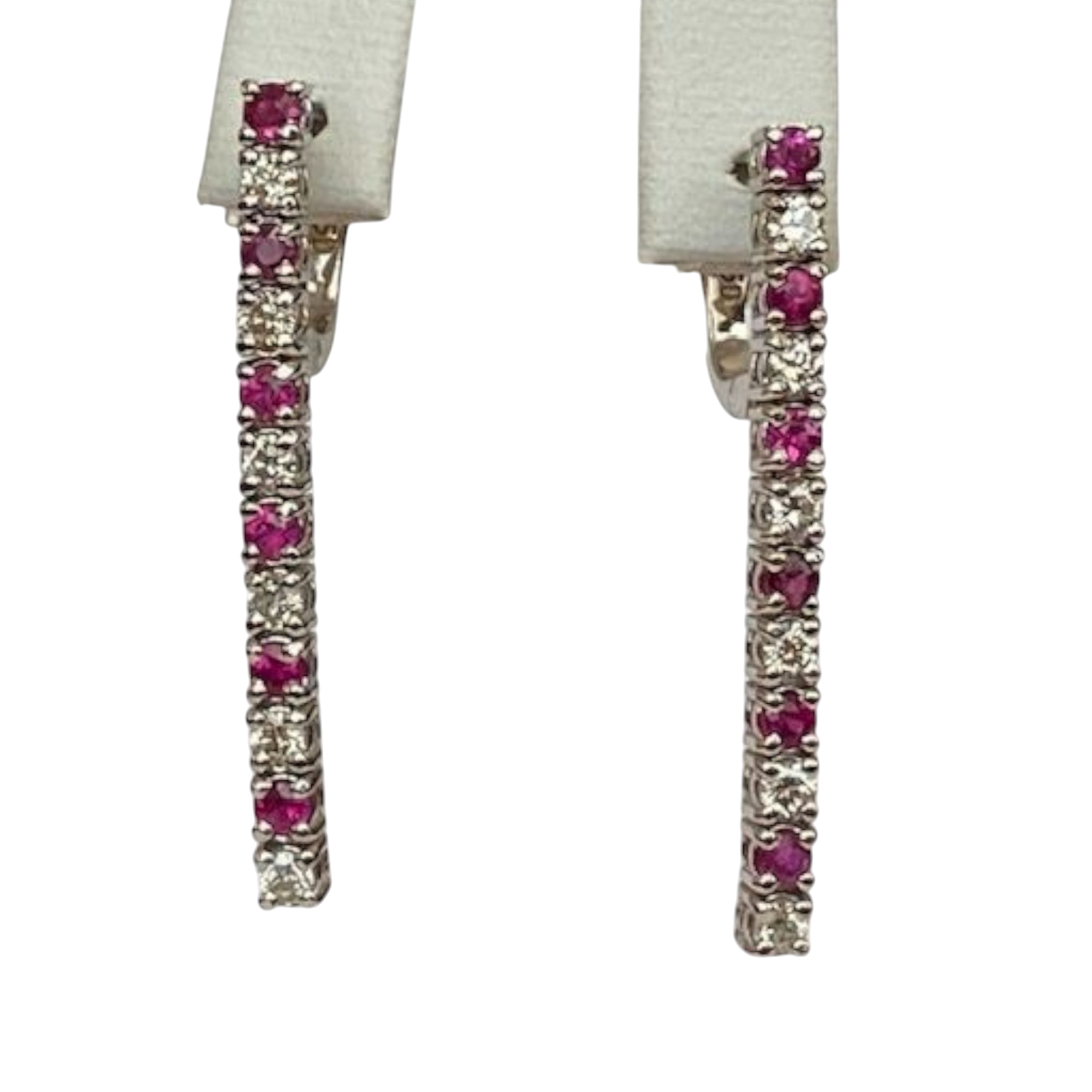 White  18 kt Gold Hanging Stud Earrings with Diamonds & Rubies