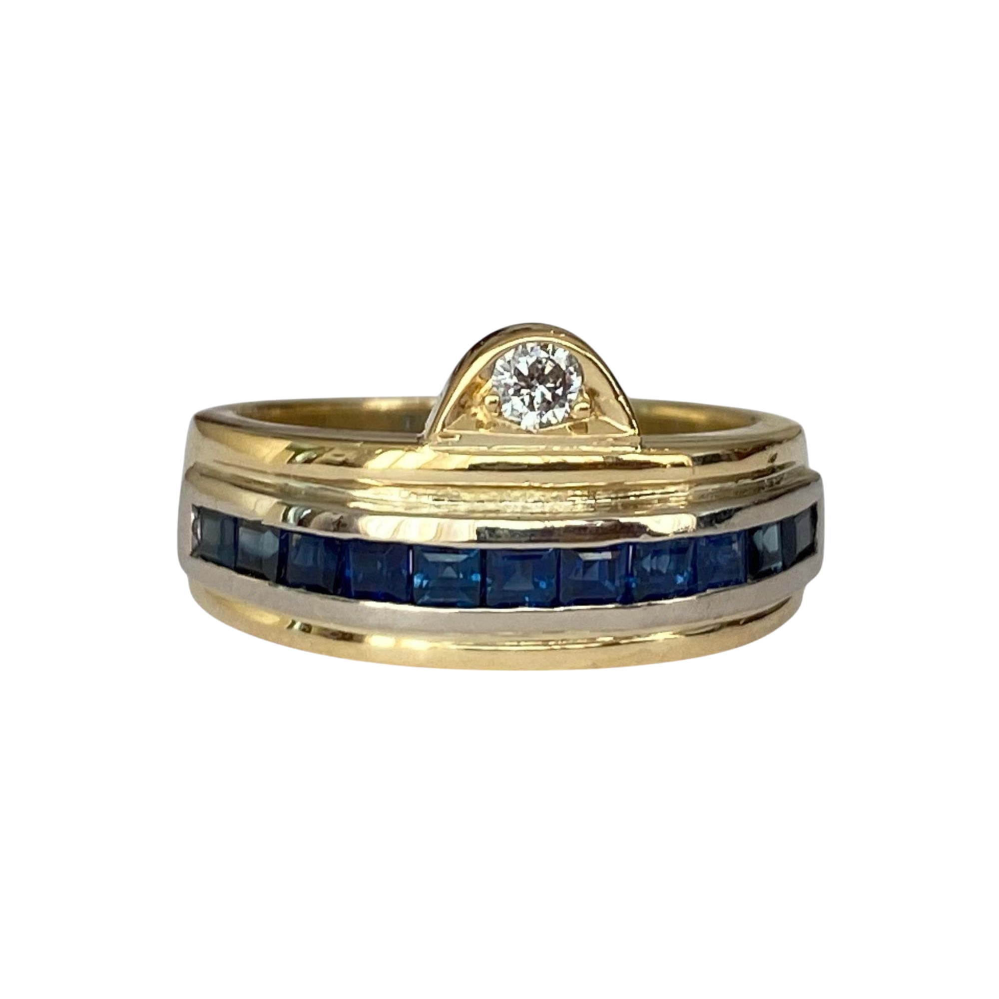 18K Yellow Gold Band Ring with Sapphires & Diamond