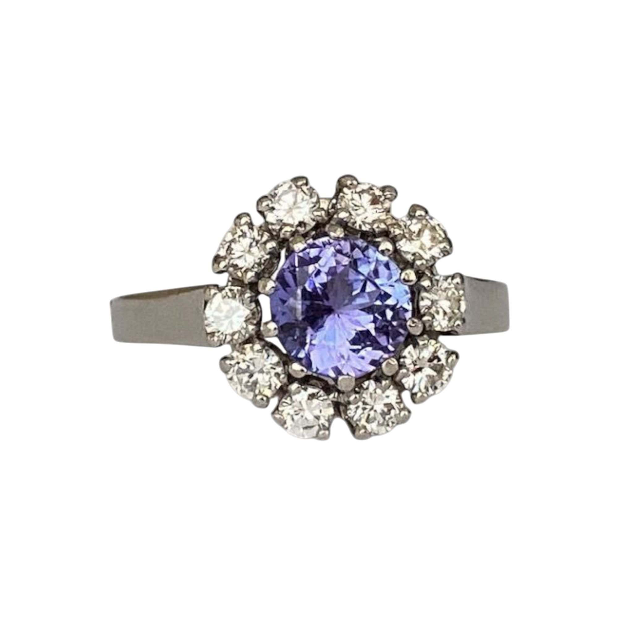 18K Vintage White Gold Rosette Diamond Ring with 0.90 Ct Tanzanite