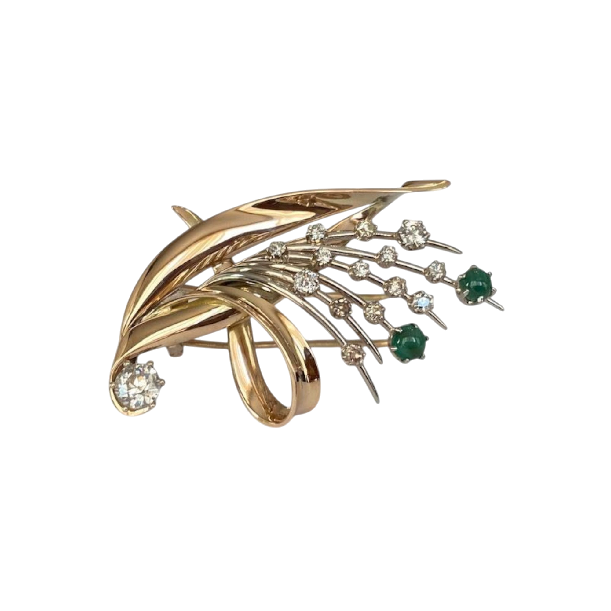 Retro 14K Yellow Gold Brooch with Bolshevik-Cut Diamonds & Cabochon Emeralds