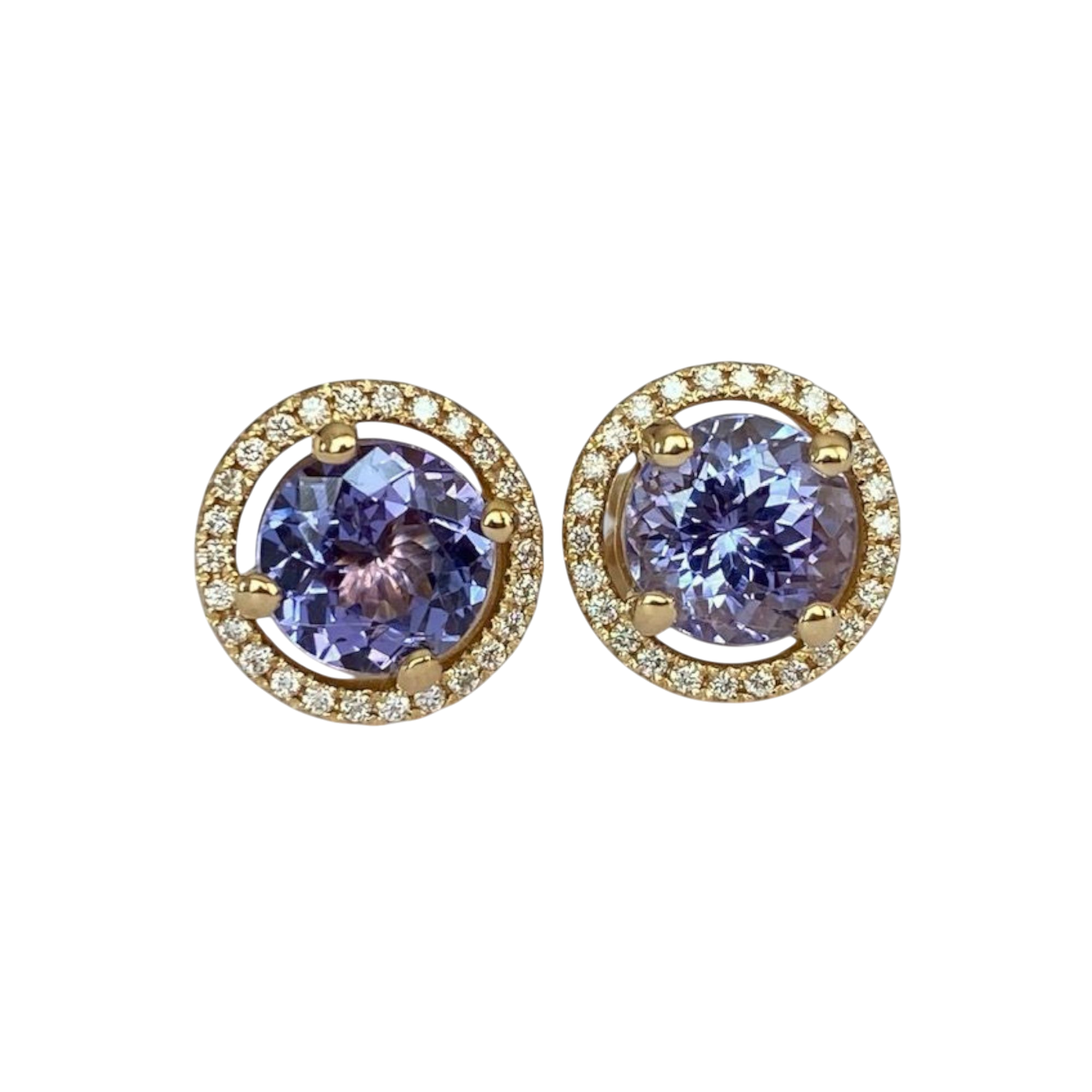 18K Yellow Gold Halo Ear Studs with 3.26 Ct Tanzanite & Diamonds