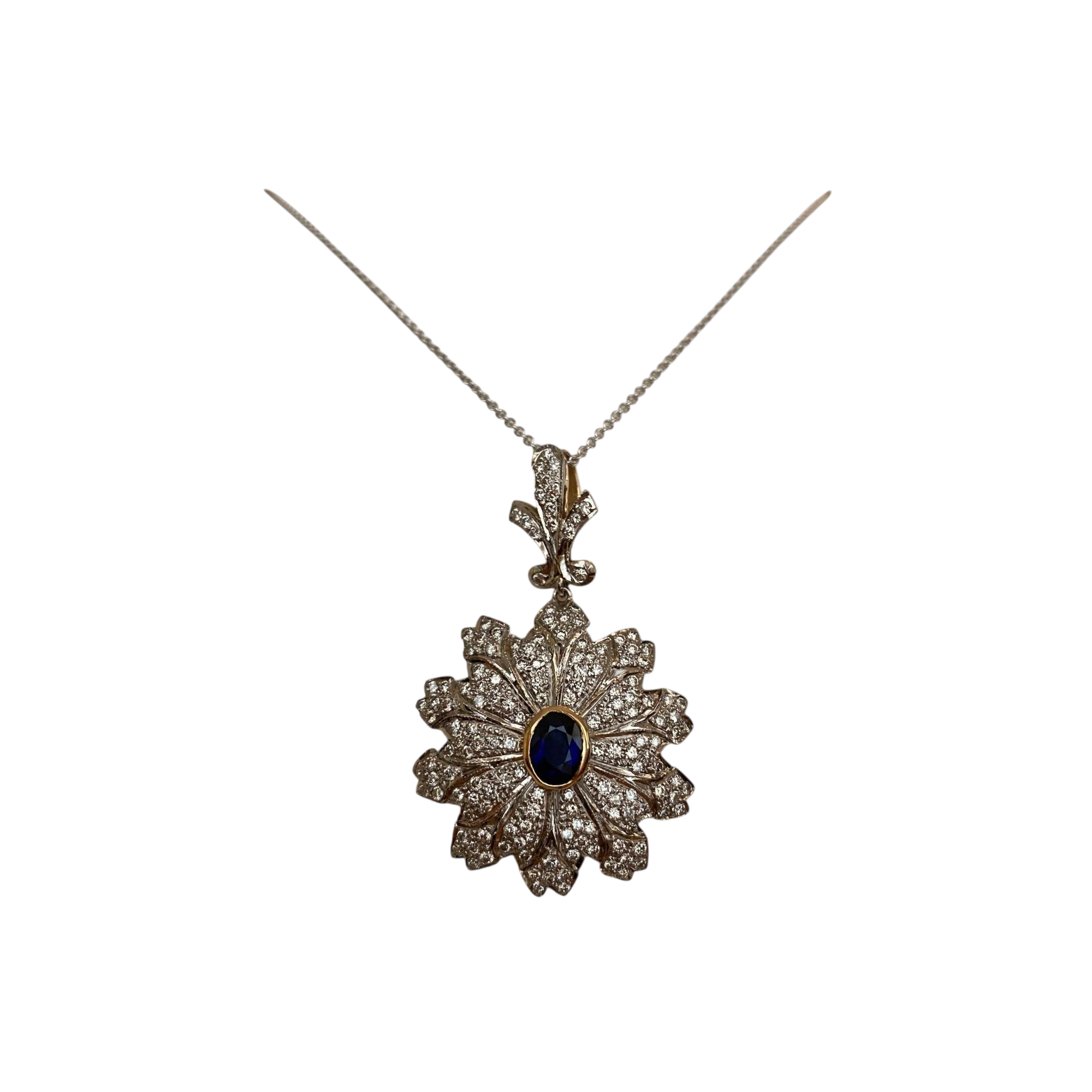 Vintage Gold Necklace with Pendant – 1.00 Ct Sapphire & Diamonds
