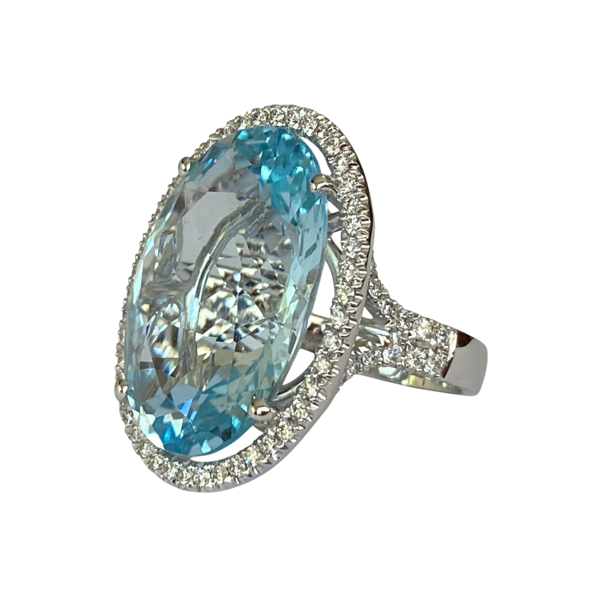 Certified hand made 34 Ct Sky Blue Topaz & Diamond Cocktail Ring in White Gold