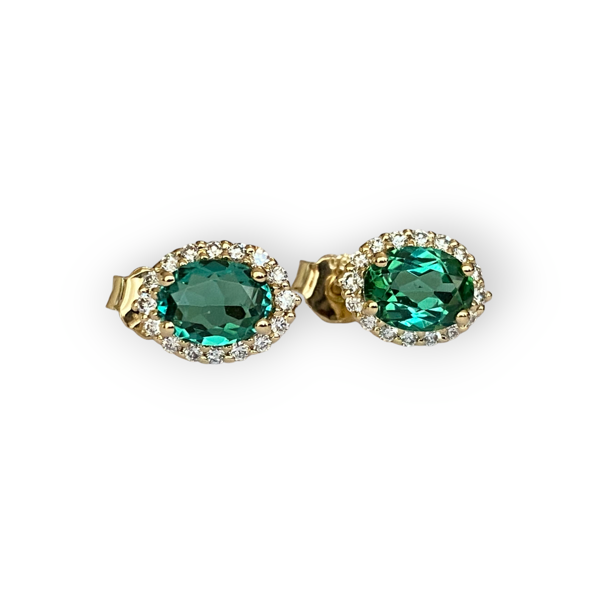 18K Yellow Gold Green Tourmaline & Diamond Halo Stud Earrings