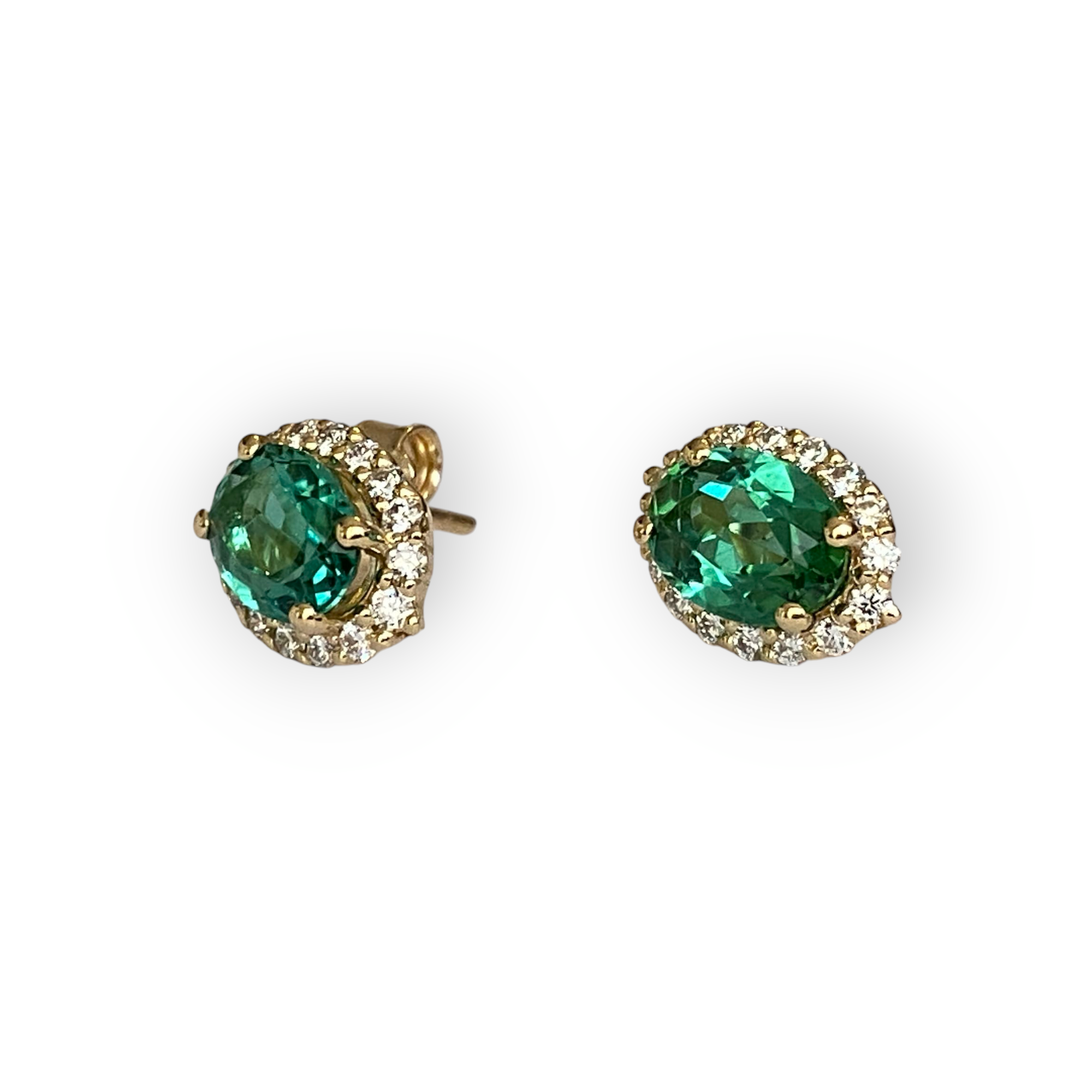 18K Yellow Gold Green Tourmaline & Diamond Halo Stud Earrings
