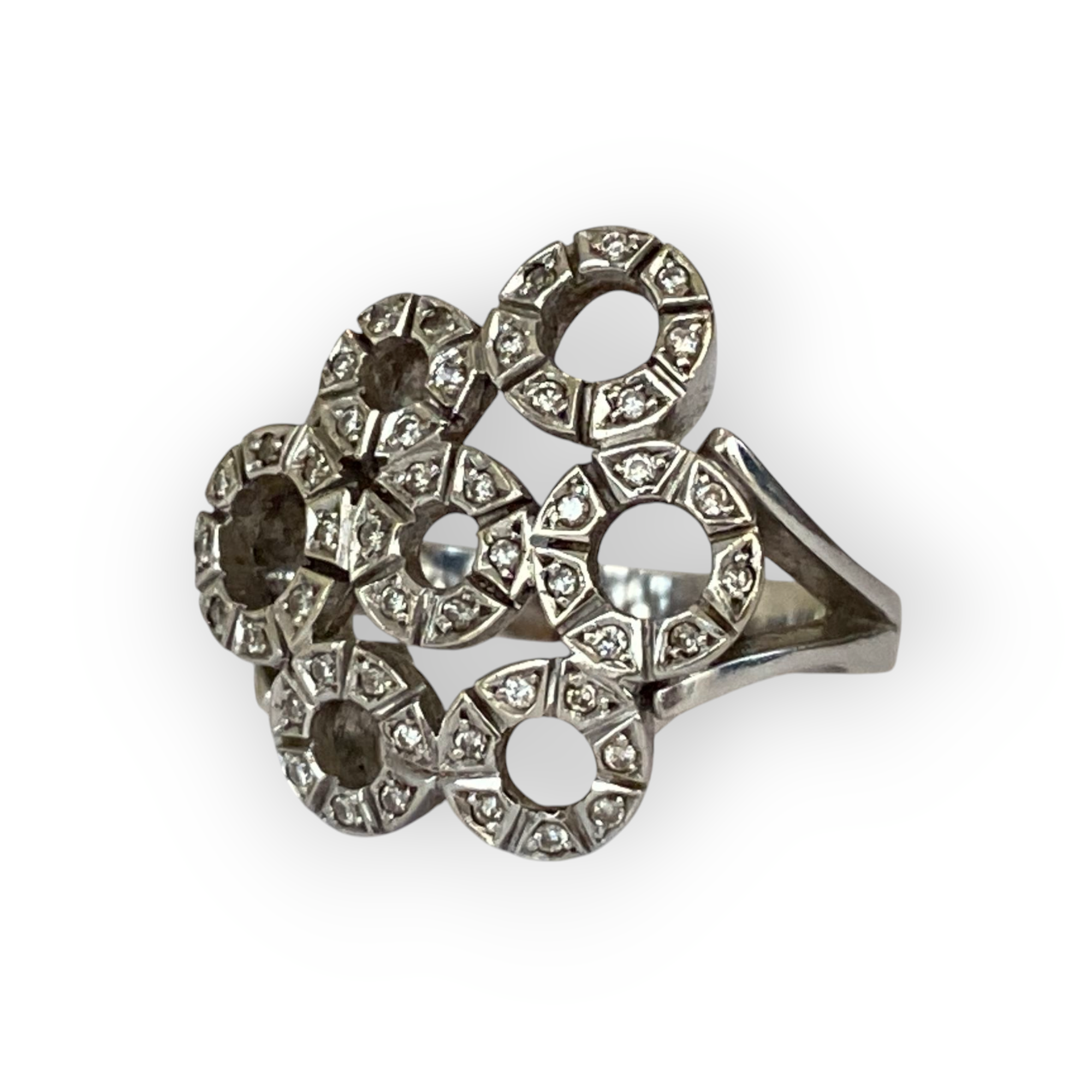 Original Vintage English Platinum Cocktail Ring with Diamonds