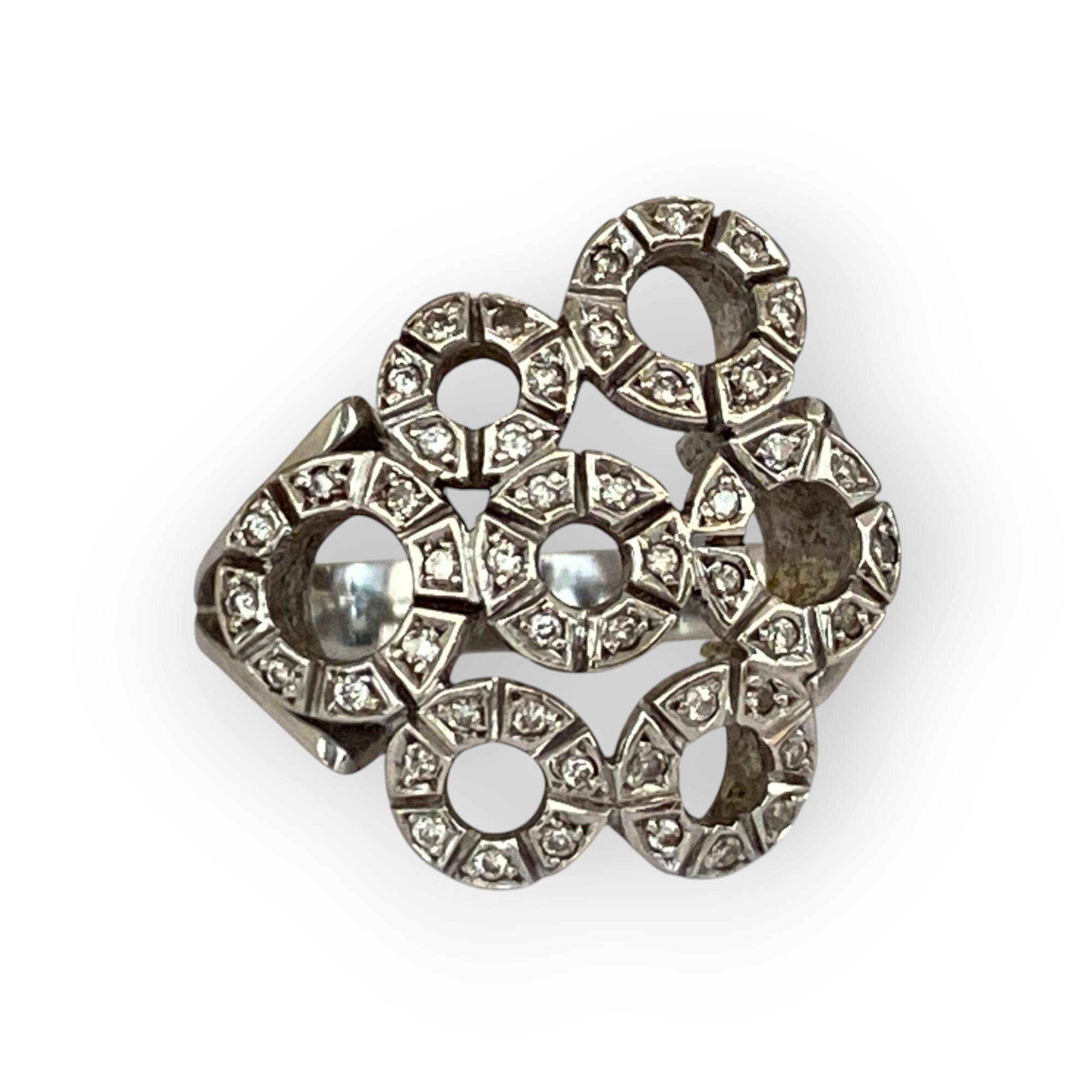 Original Vintage English Platinum Cocktail Ring with Diamonds