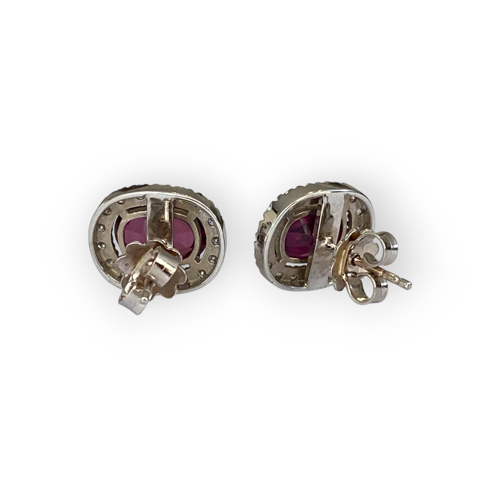 18K White Gold Halo Stud Earrings with Diamonds & Red Tourmaline