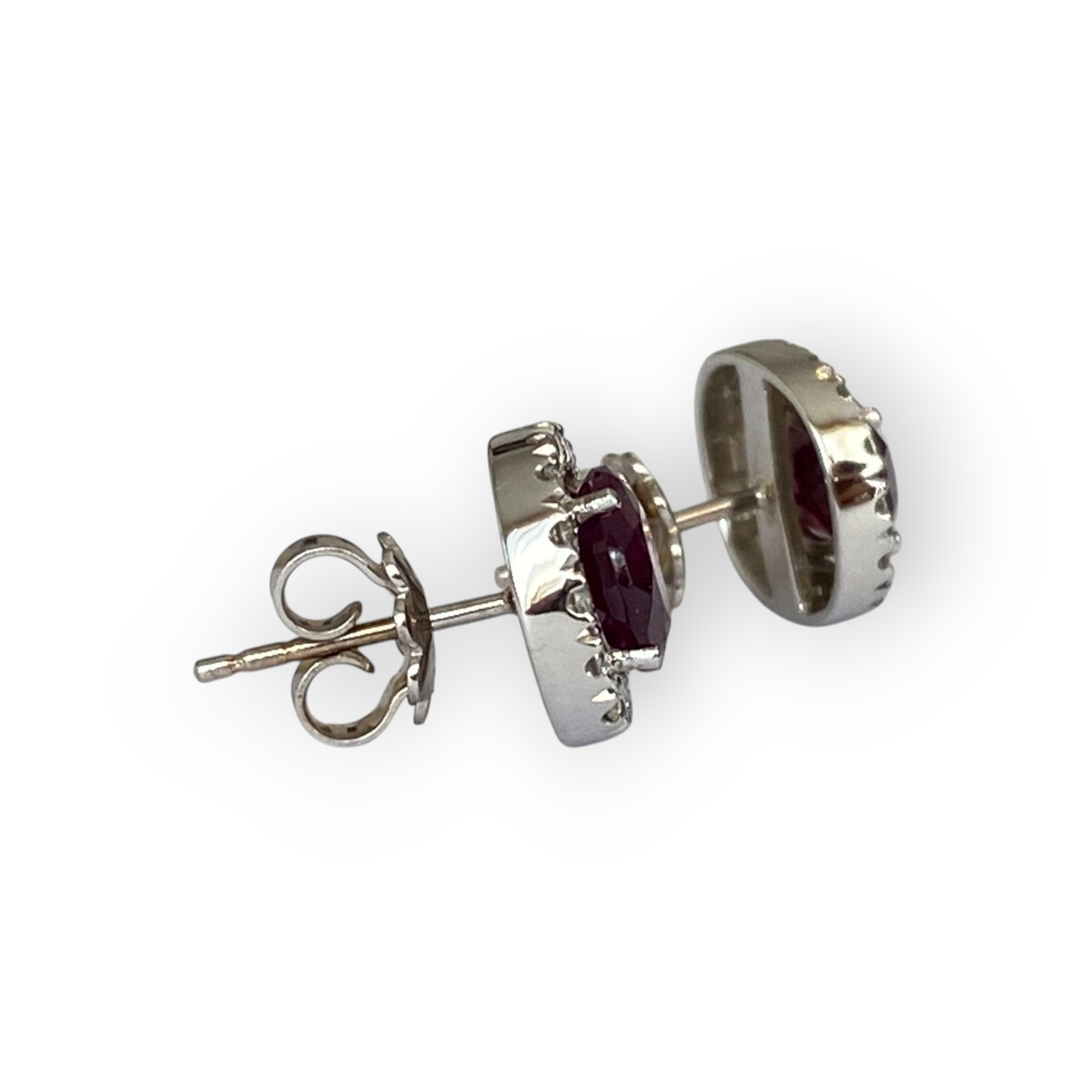 18K White Gold Halo Stud Earrings with Diamonds & Red Tourmaline