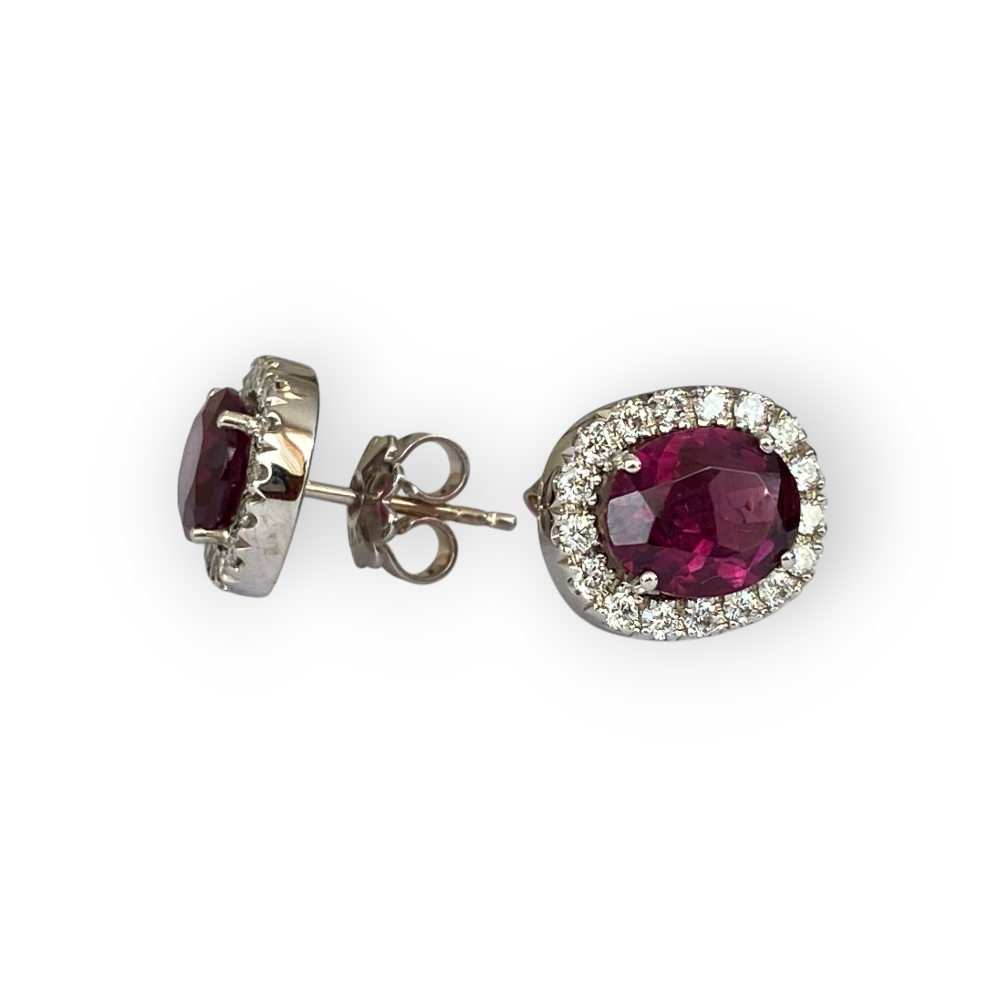 18K White Gold Halo Stud Earrings with Diamonds & Red Tourmaline