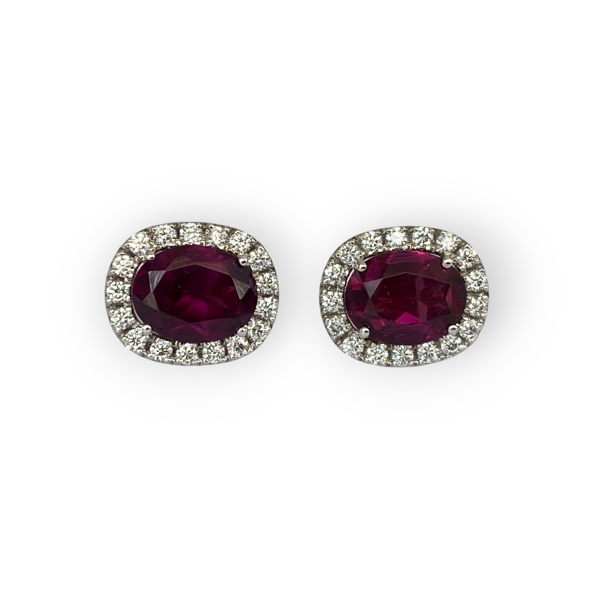18K White Gold Halo Stud Earrings with Diamonds & Red Tourmaline