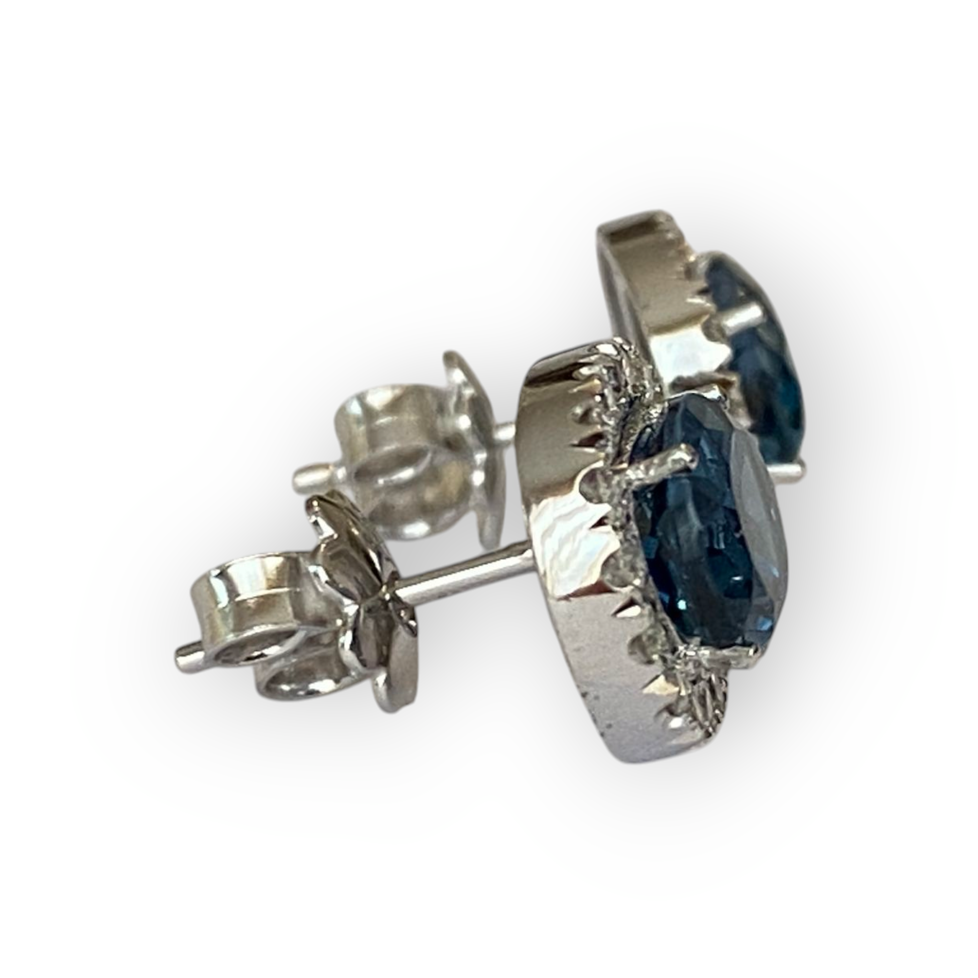 18K White Gold Halo Stud Earrings with Diamonds & London Blue Topaz