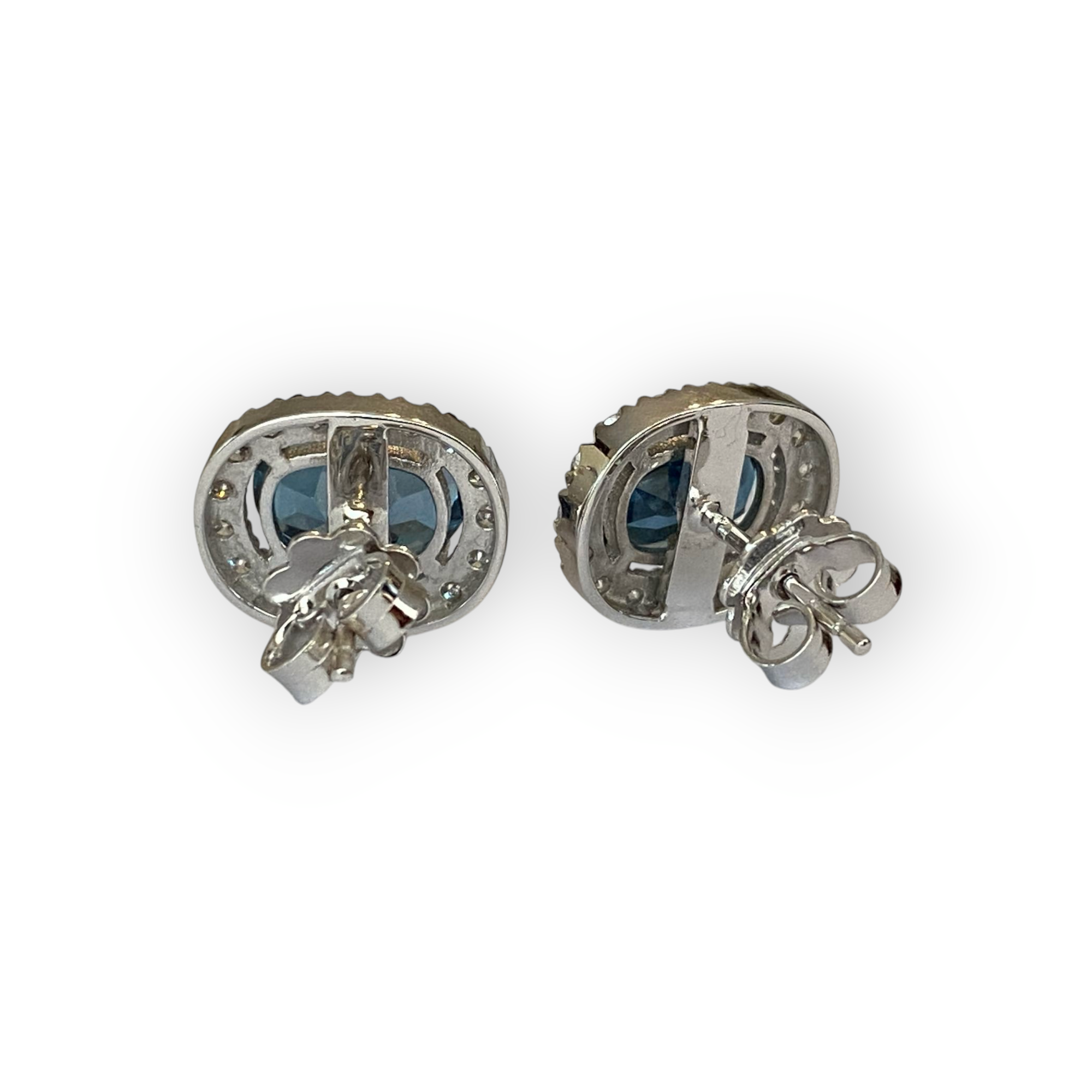 18K White Gold Halo Stud Earrings with Diamonds & London Blue Topaz