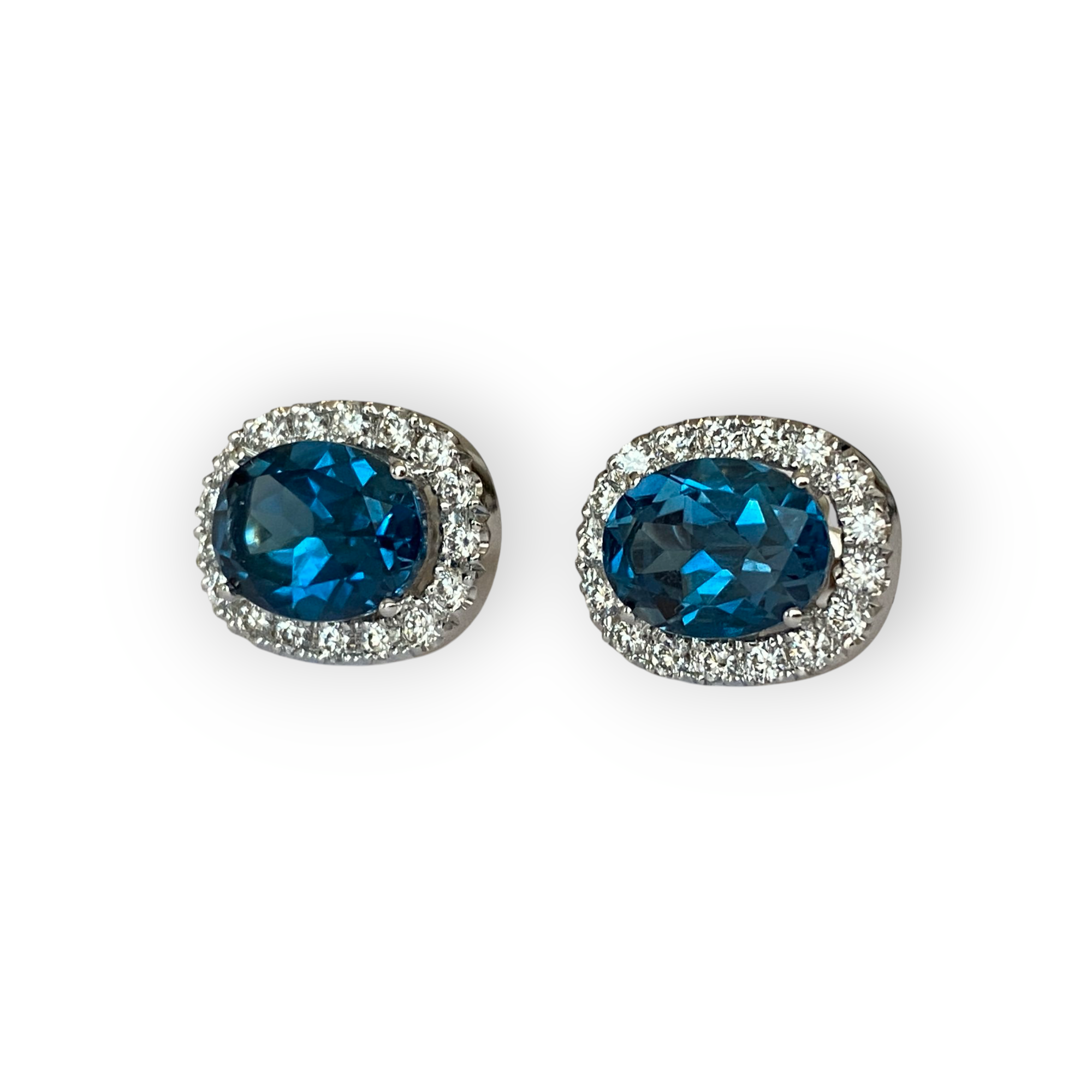 18K White Gold Halo Stud Earrings with Diamonds & London Blue Topaz