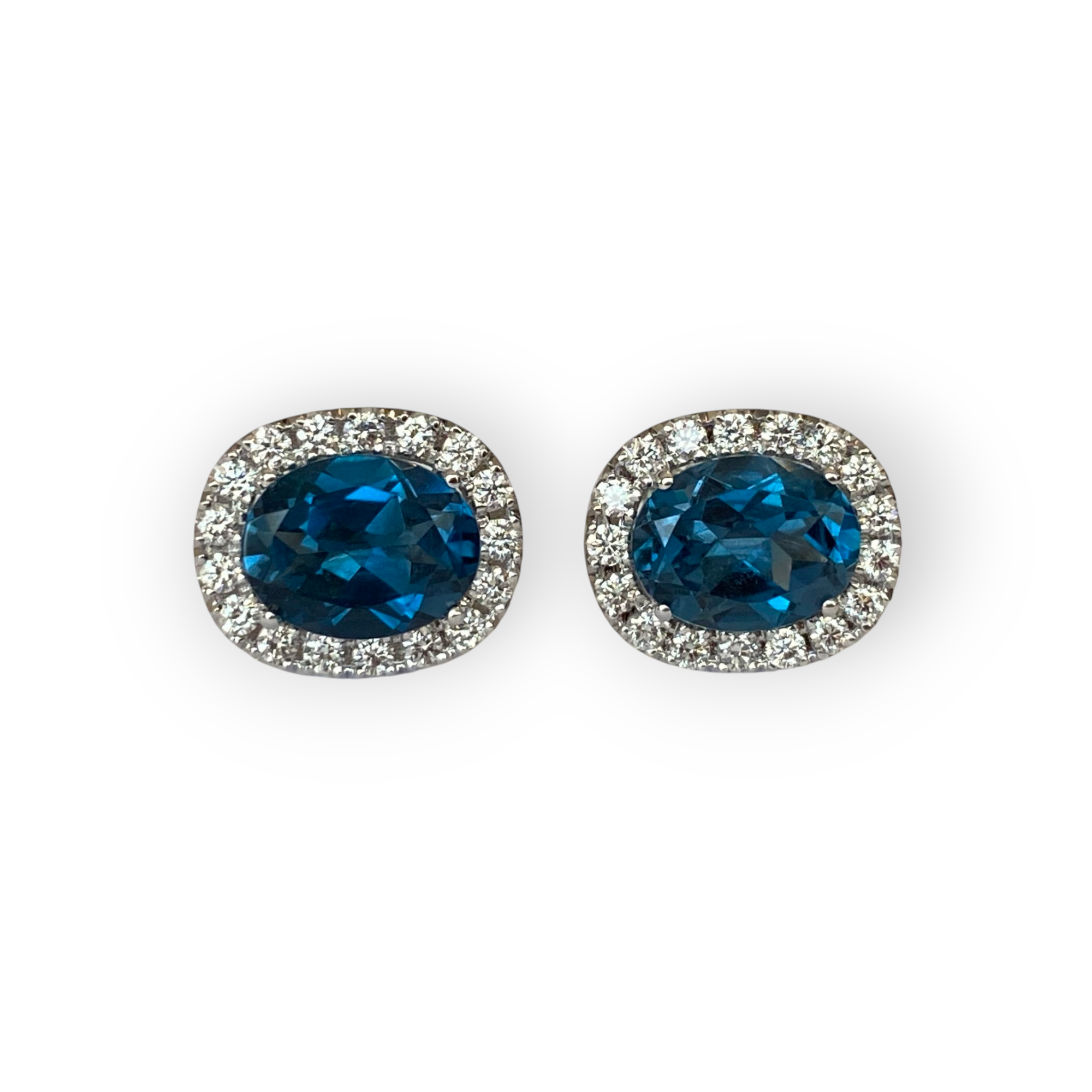 18K White Gold Halo Stud Earrings with Diamonds & London Blue Topaz