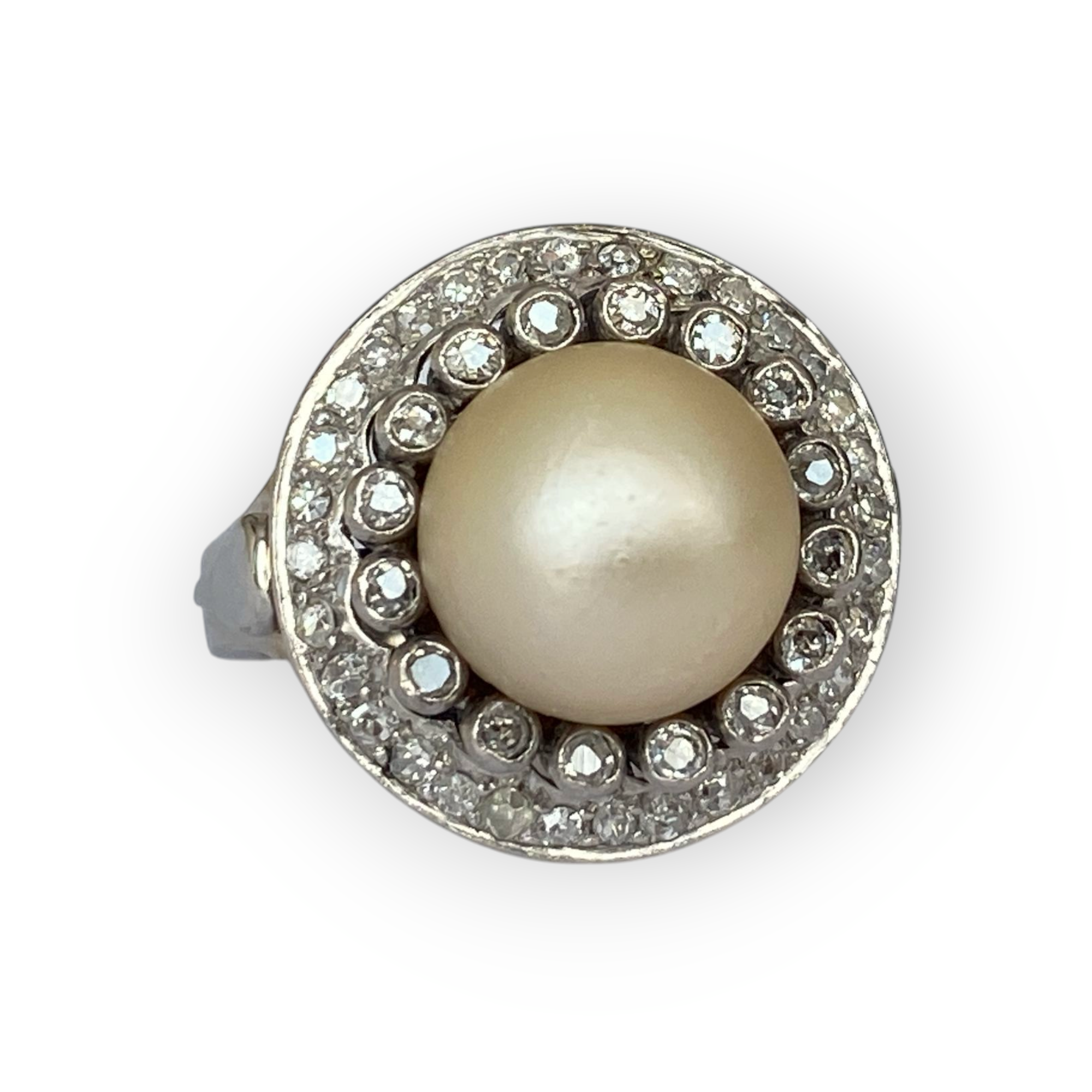 Original Late Art Deco Platinum Cocktail Ring with Diamonds & Pearl