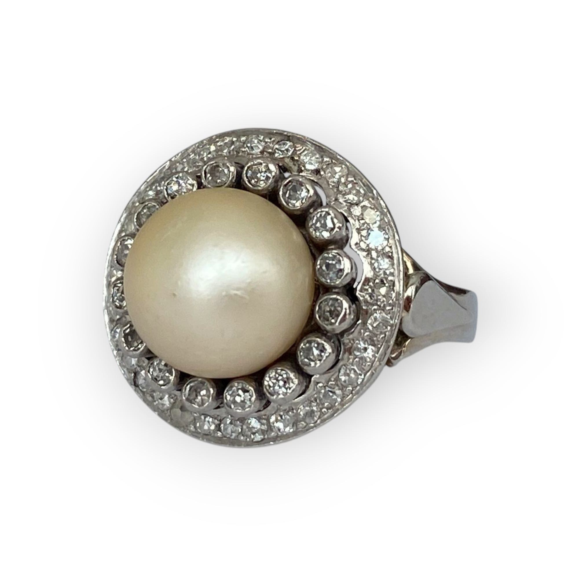 Original Late Art Deco Platinum Cocktail Ring with Diamonds & Pearl