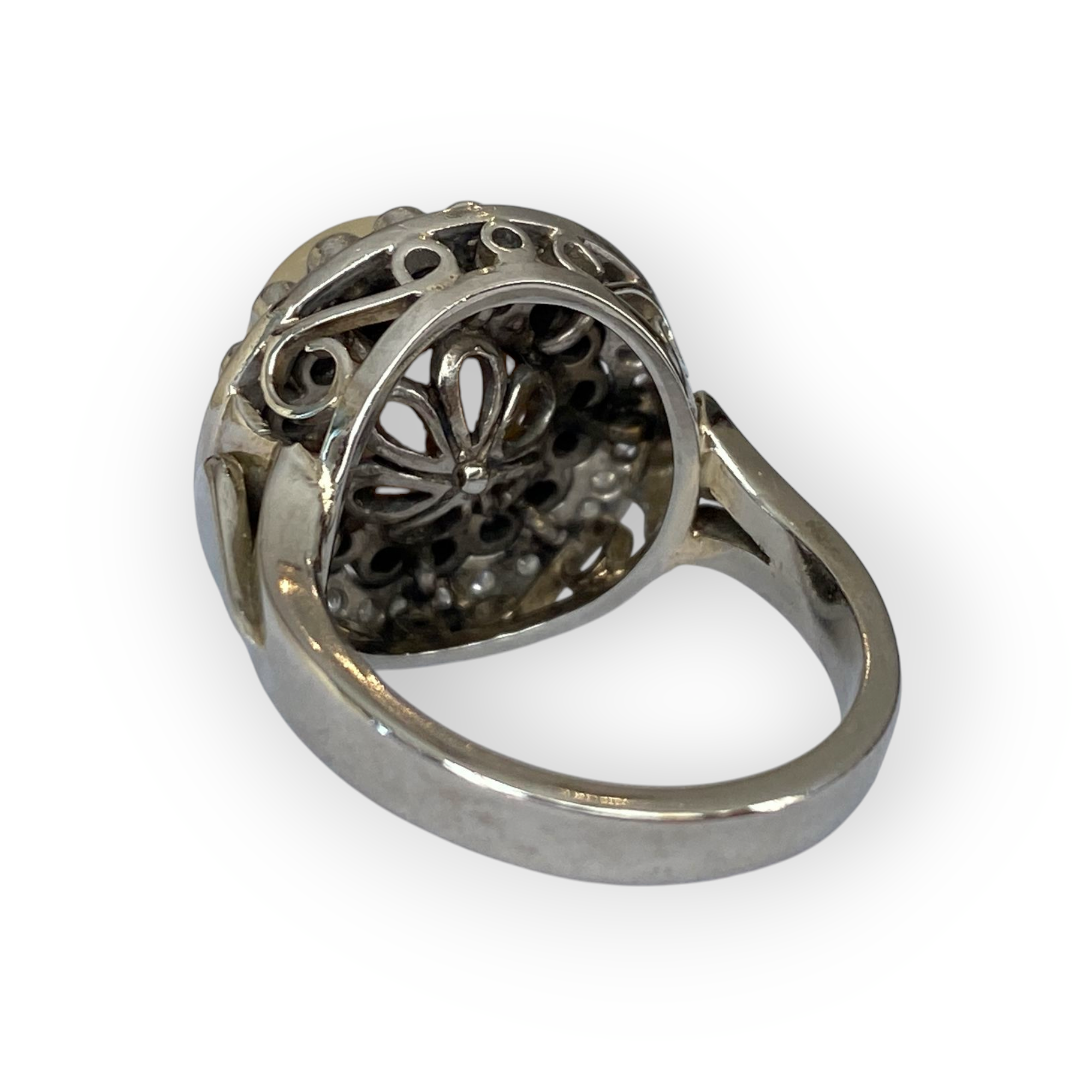 Original Late Art Deco Platinum Cocktail Ring with Diamonds & Pearl