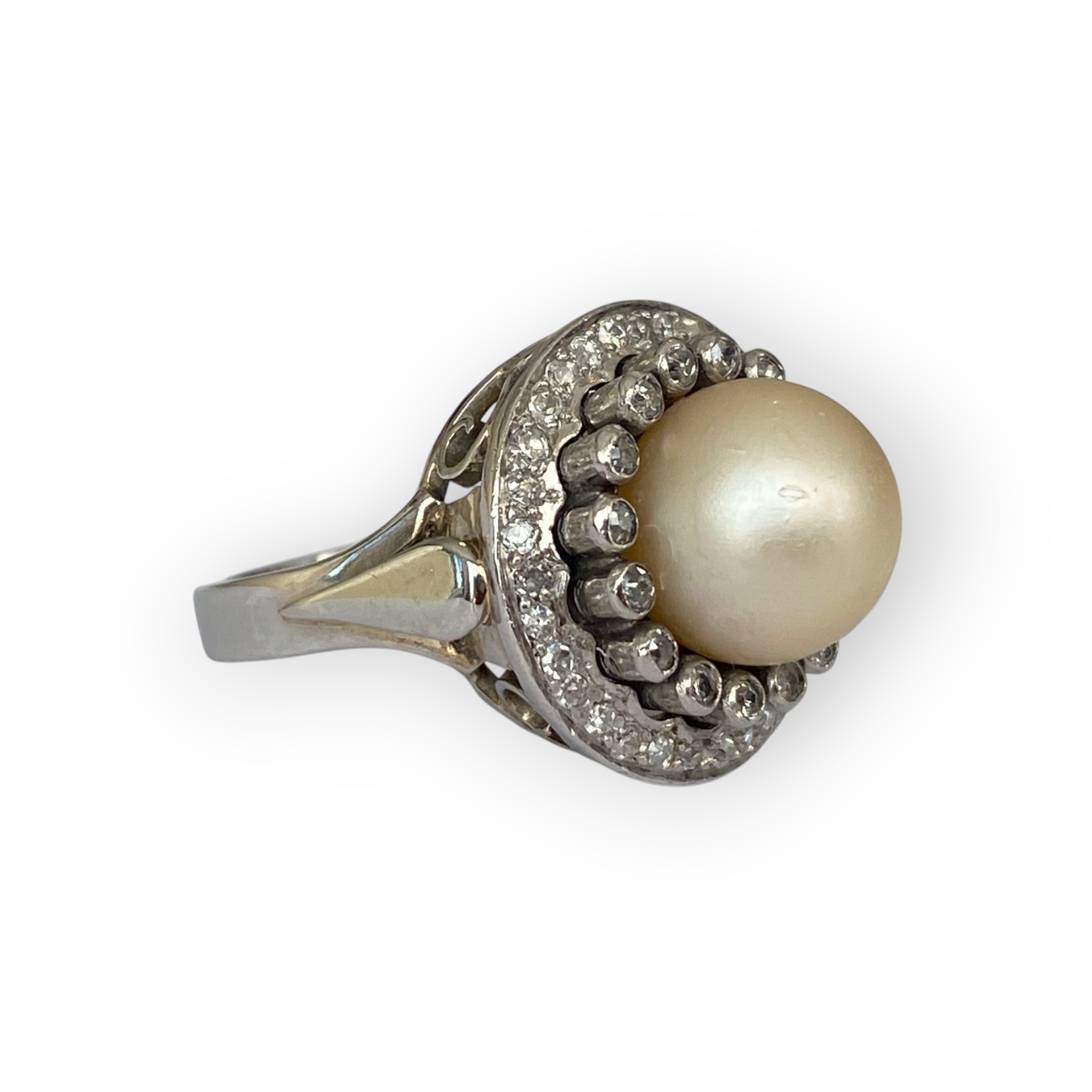 Original Late Art Deco Platinum Cocktail Ring with Diamonds & Pearl