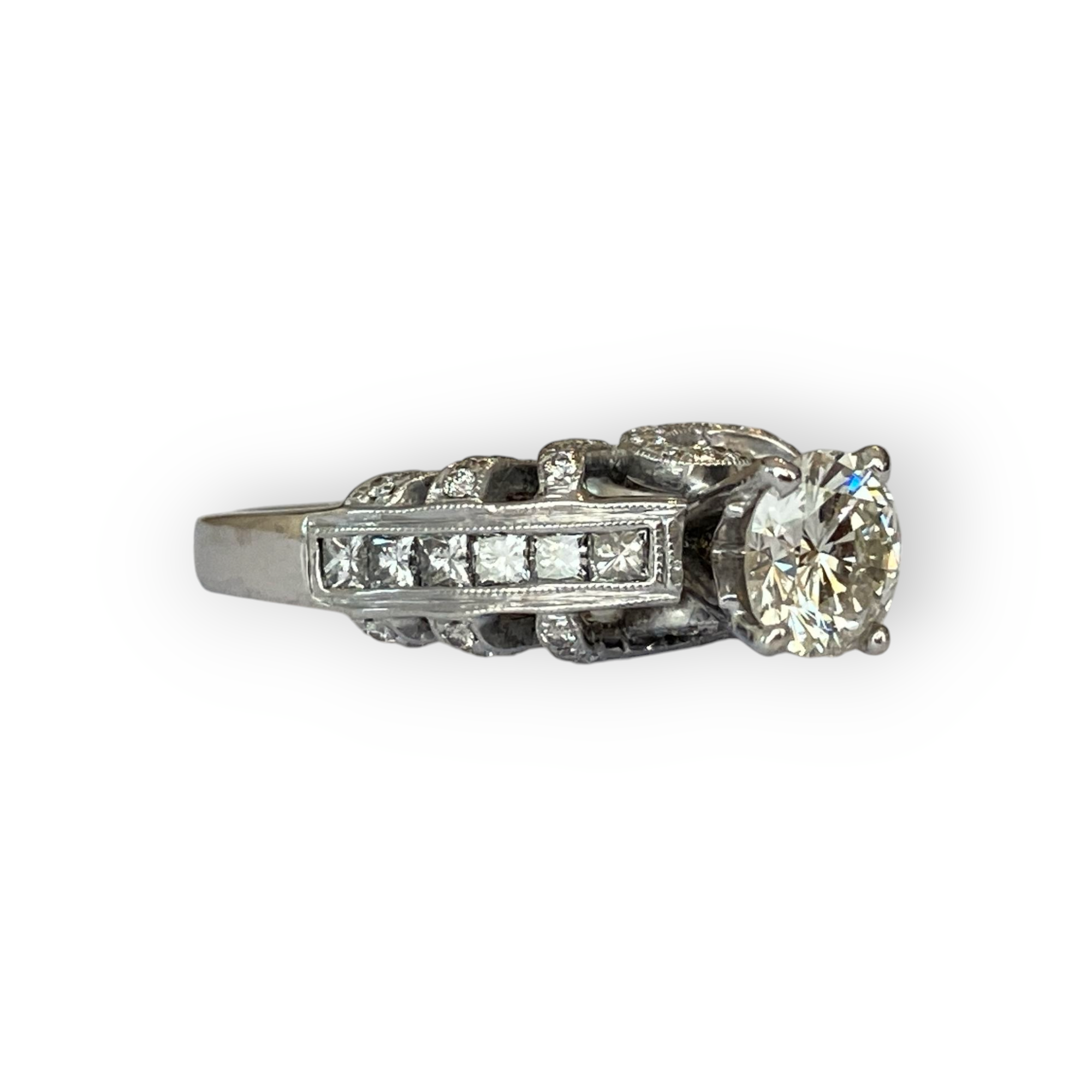18K White Gold Vintage Solitaire Ring with 1.20 Ct Brilliant Cut Diamond & Additional Diamonds
