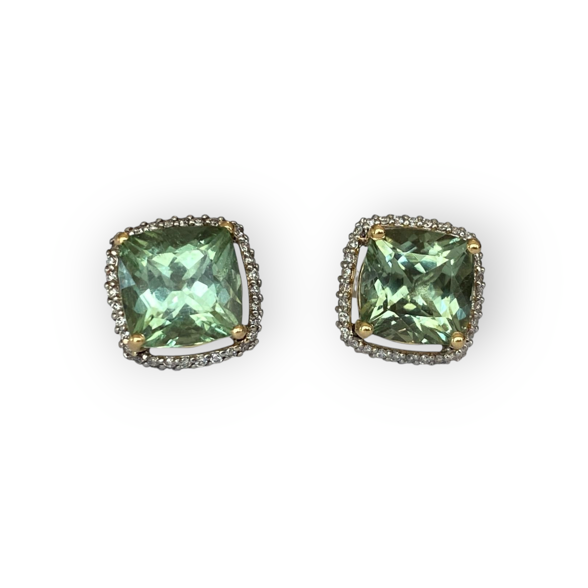 White & Yellow Gold Ear Studs with 5.00 Ct Cushion-Cut Green Tourmalines & Diamond Halo