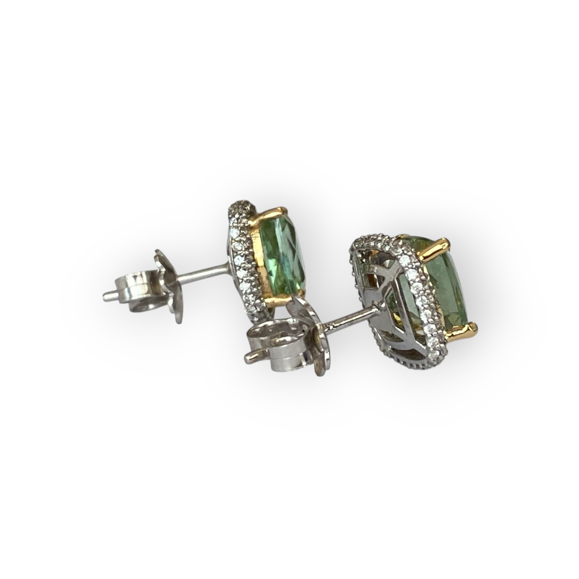 White & Yellow Gold Ear Studs with 5.00 Ct Cushion-Cut Green Tourmalines & Diamond Halo