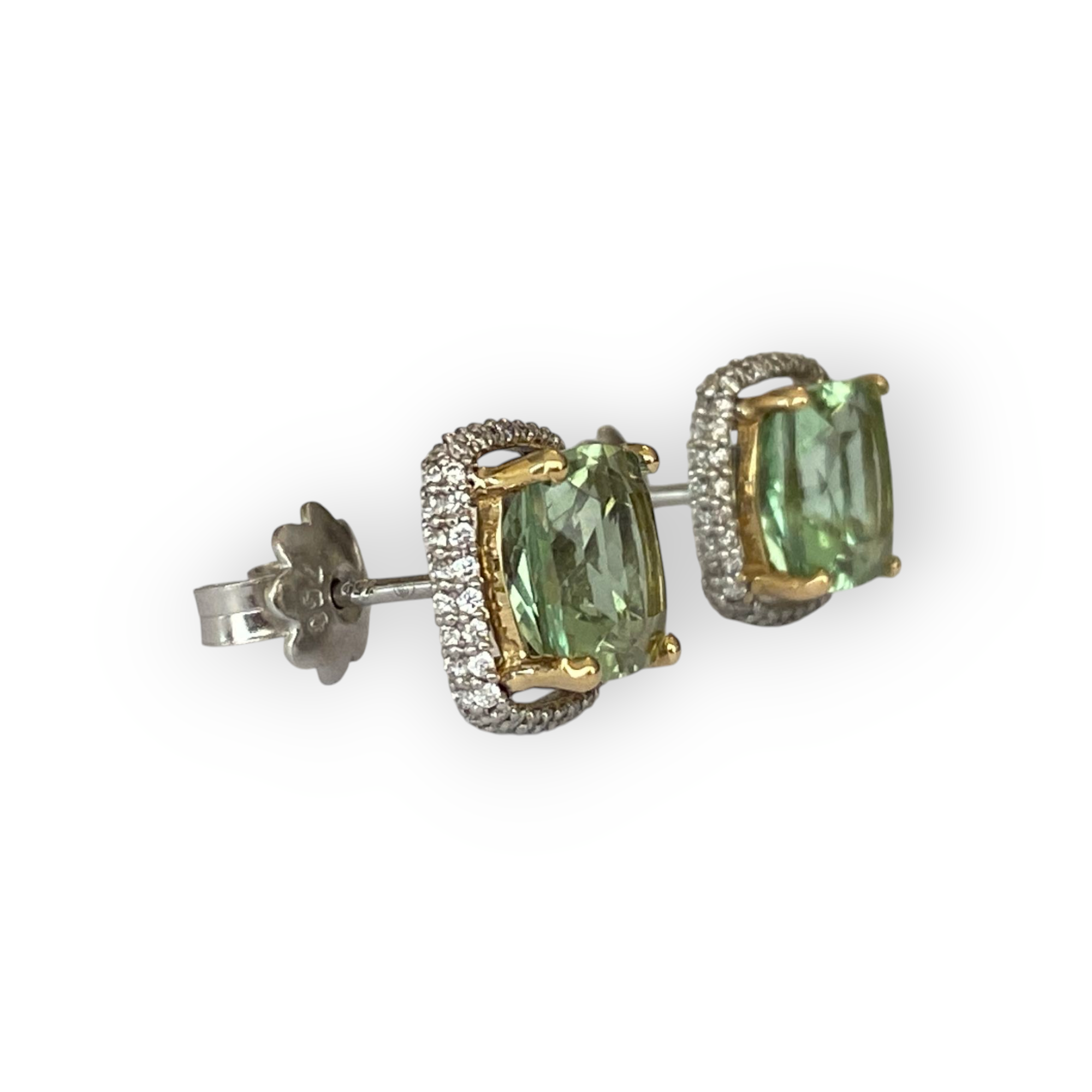 White & Yellow Gold Ear Studs with 5.00 Ct Cushion-Cut Green Tourmalines & Diamond Halo