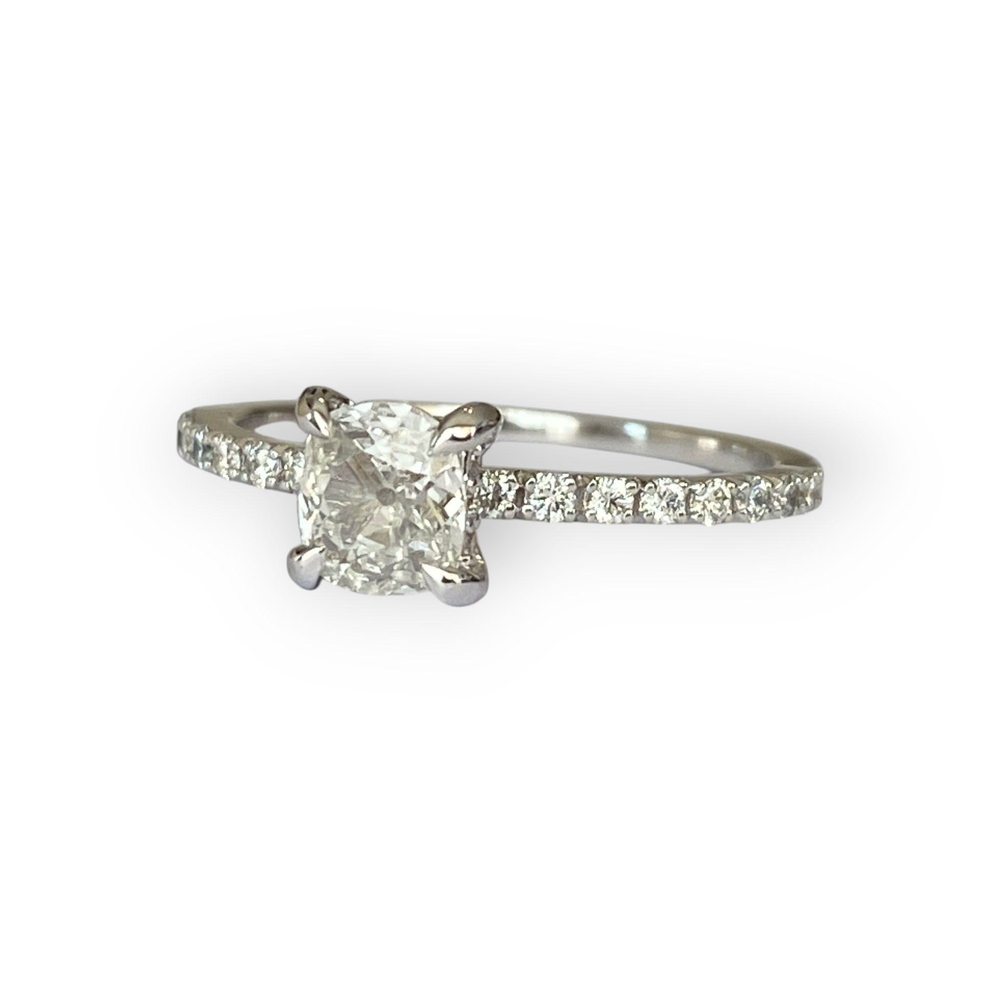 18K White Gold Solitaire Ring with 0.58 Ct Antique Cushion-Cut Diamond & Accent Diamonds