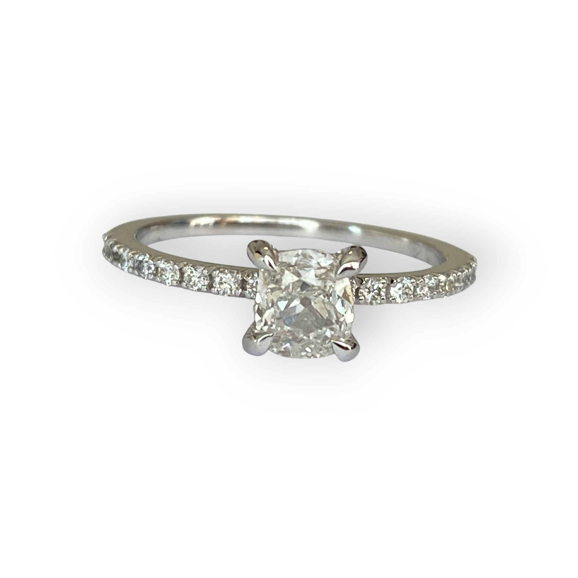 18K White Gold Solitaire Ring with 0.58 Ct Antique Cushion-Cut Diamond & Accent Diamonds