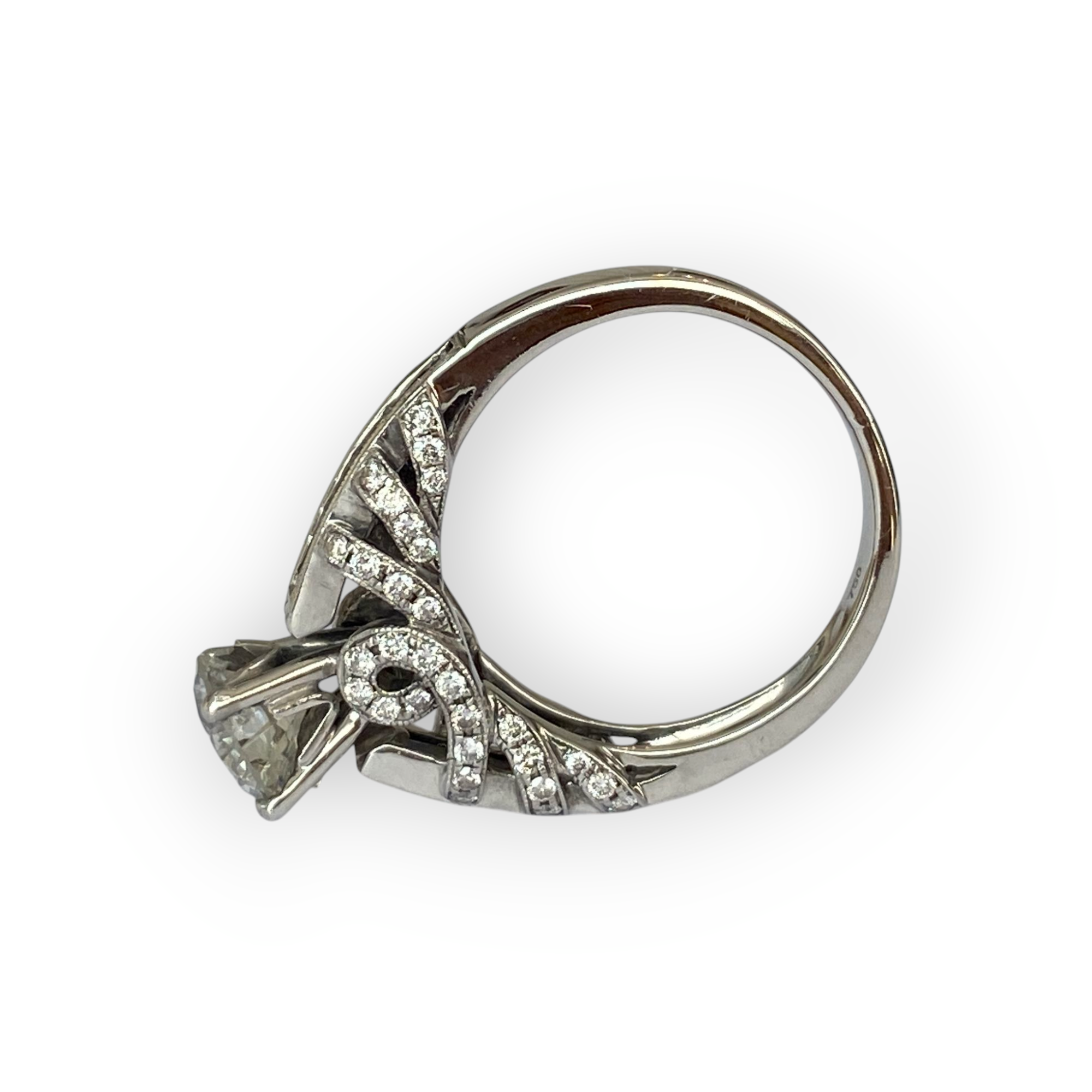 18K White Gold Vintage Solitaire Ring with 1.20 Ct Brilliant Cut Diamond & Additional Diamonds