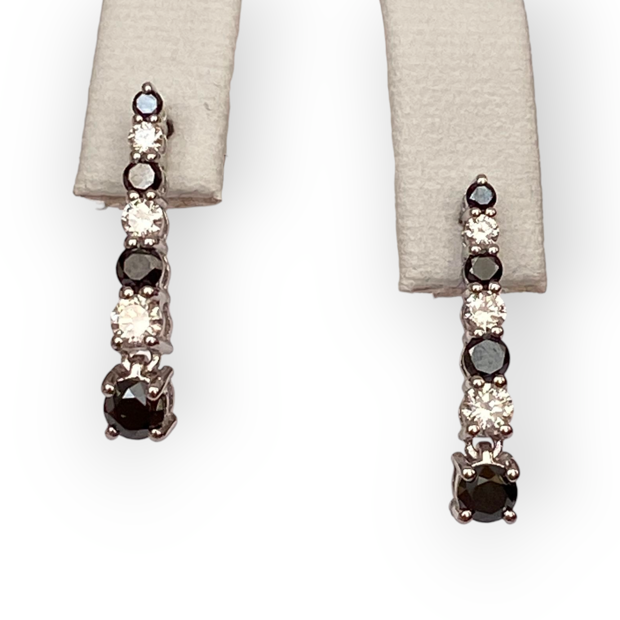 18K White Gold Dangle Ear Studs with White & Black Diamonds