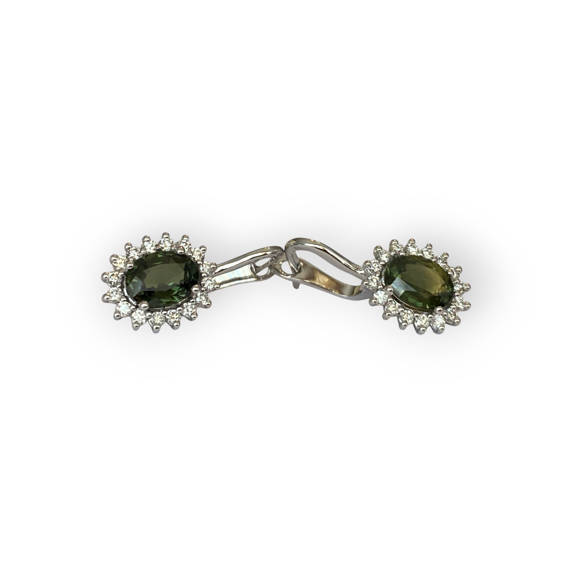 18K White Gold Drop Earrings with 3.00 Ct Green Sapphires & Diamonds